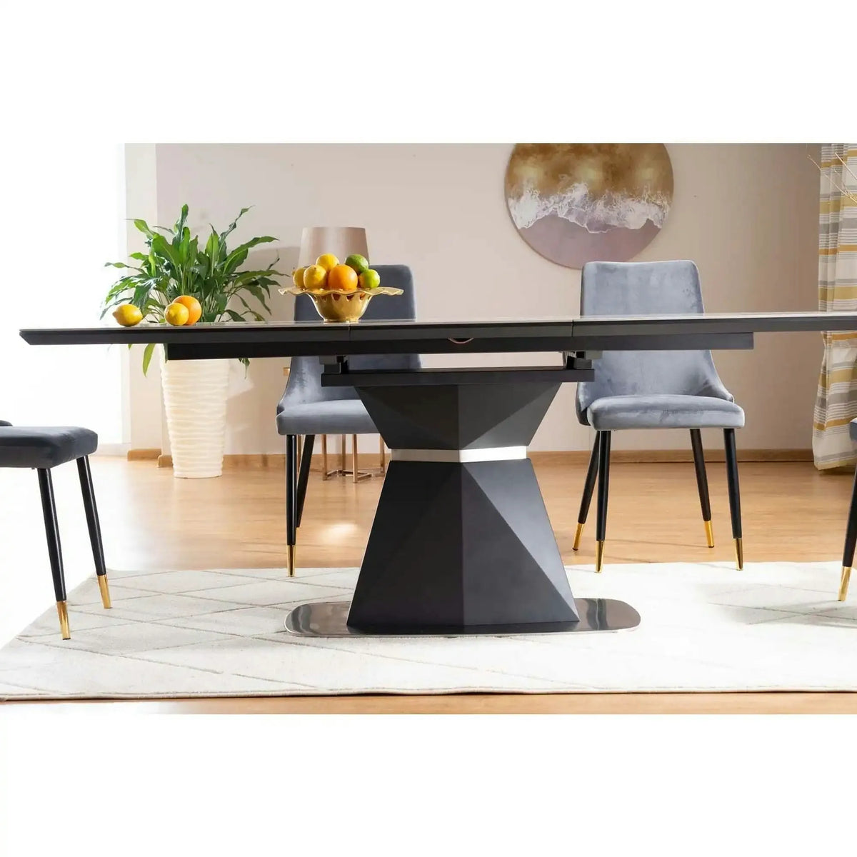Masa moderna dining CORTEZ, gri cu efect de marmura/gri antracit, 160/210x90x76 cm