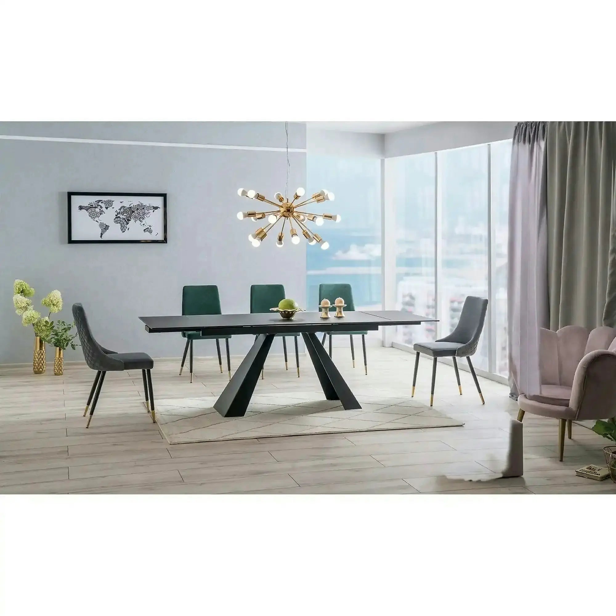 Masa moderna dining SALVADORE, negru mat, metal/sticla securizata, 160/240x90x76 cm