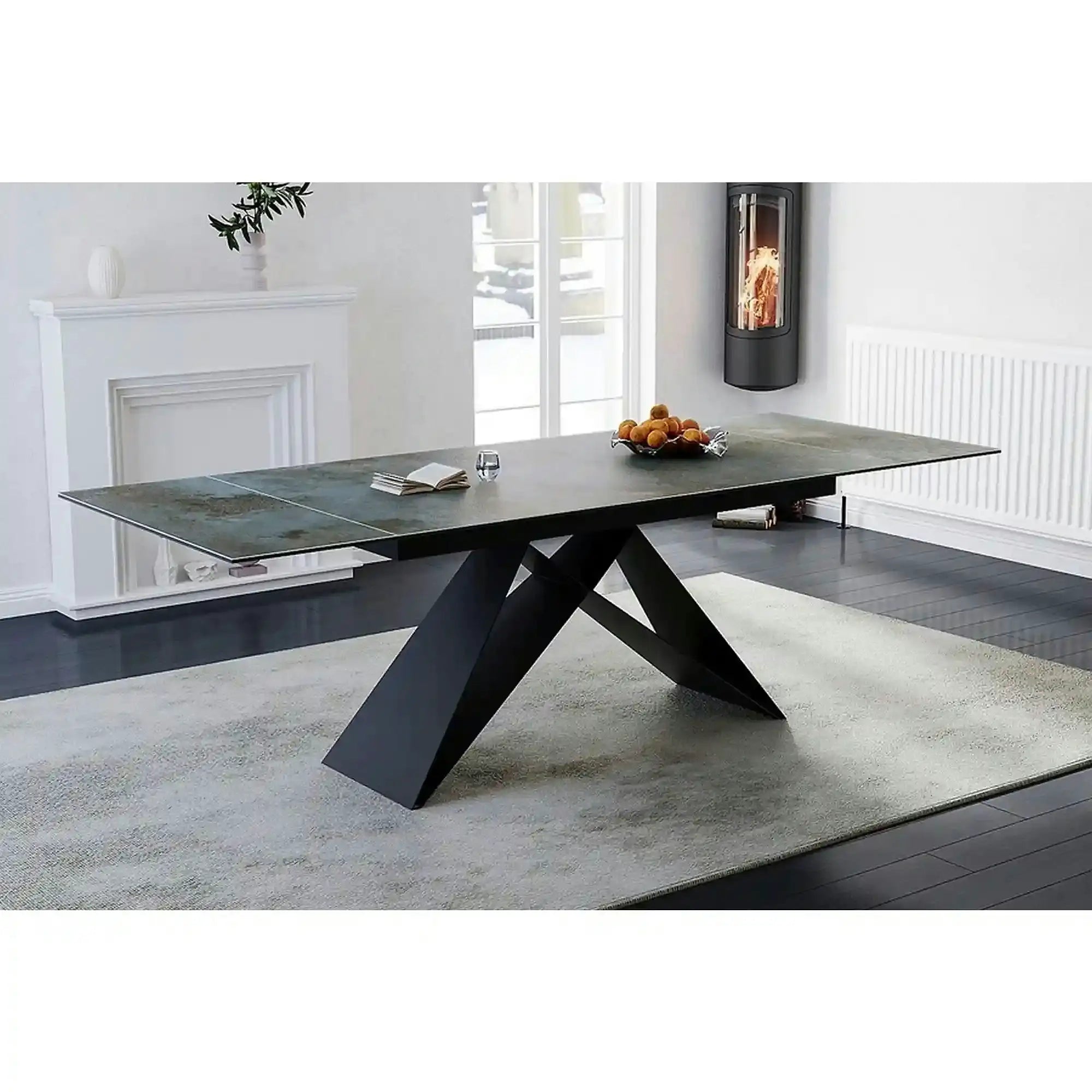 Masa moderna dining WESTIN CERAMIC, sticla securizata/ceramica, turcoaz/negru mat, 160-240x90x77 cm