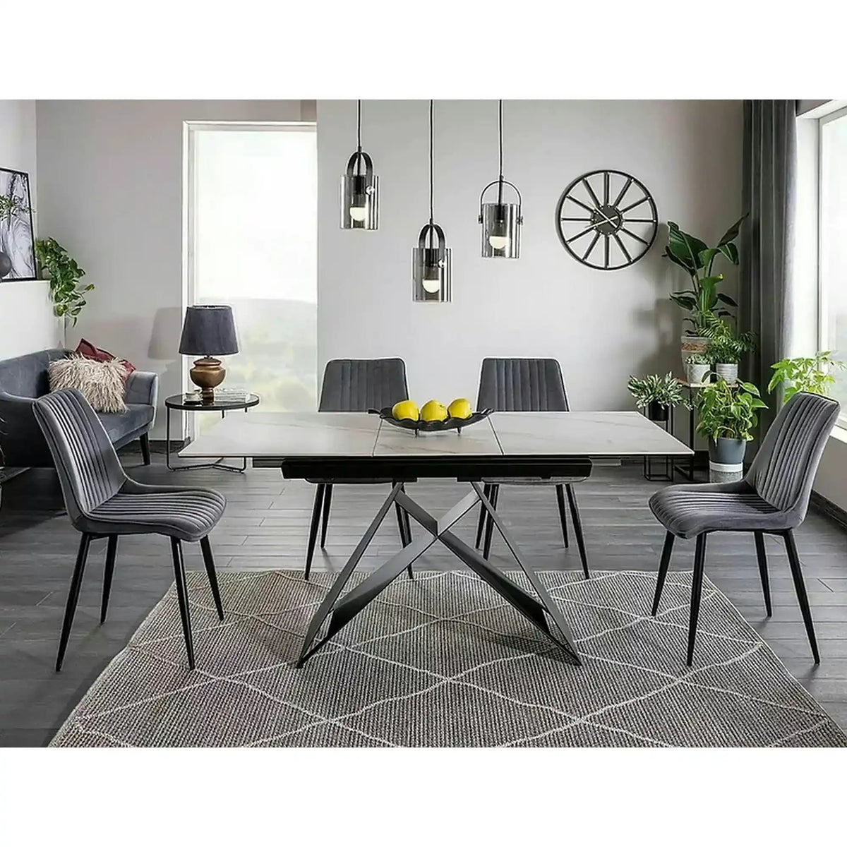 Masa moderna dining Westin SC, alb cu efect de marmura/negru, ceramica/metal/sticla 120/160X80X76 cm