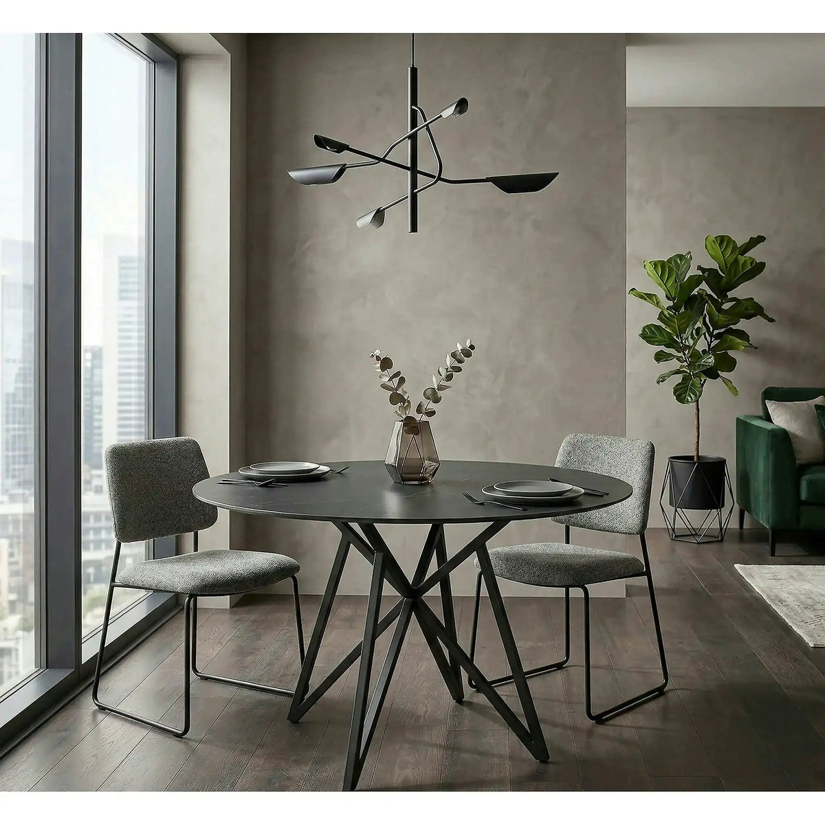 Masa MURANO, gri cu efect de marmura/negru, ceramica/metal, 120x120x76 cm