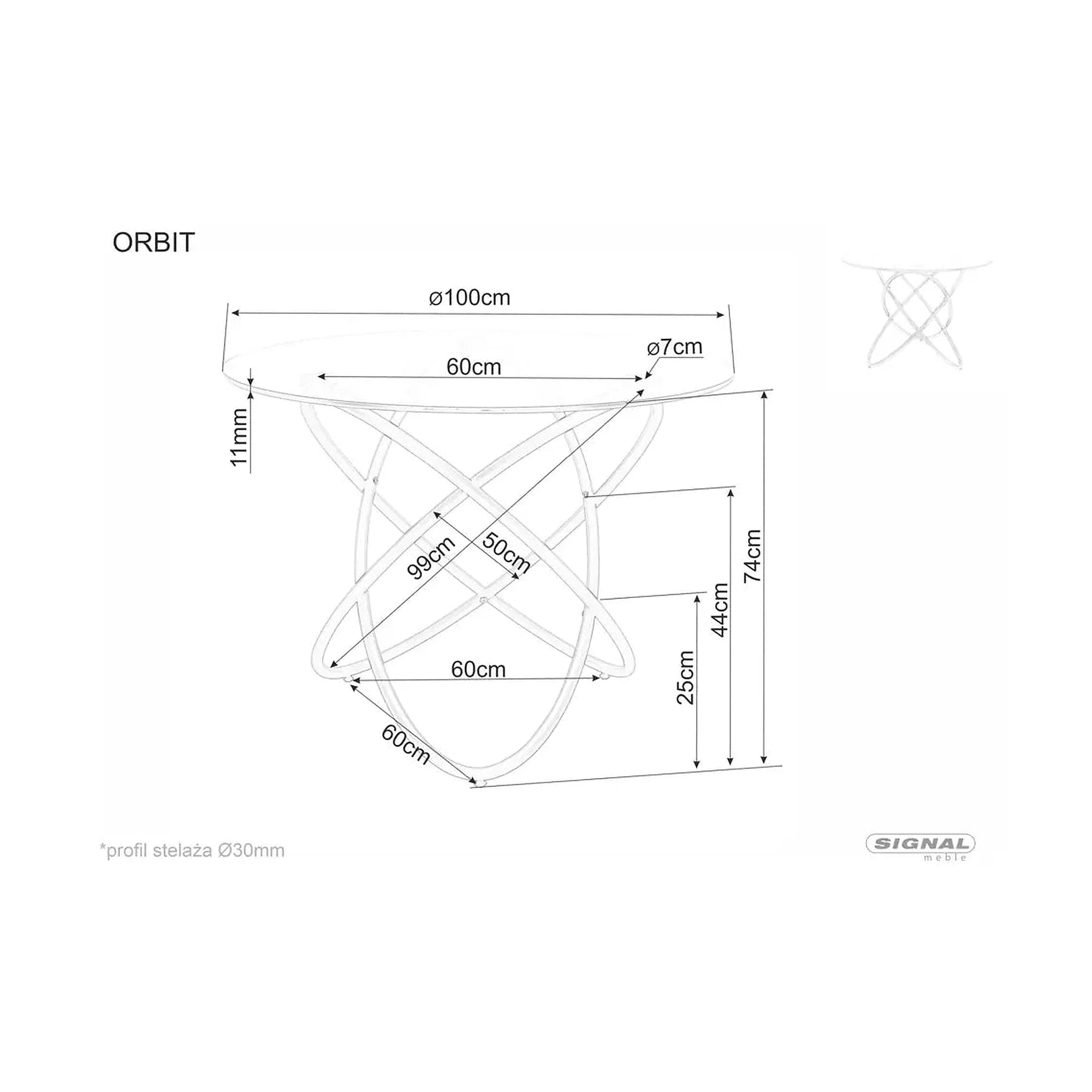 Masa ORBIT, transparent/negru, sticla/metal, 100x75 cm