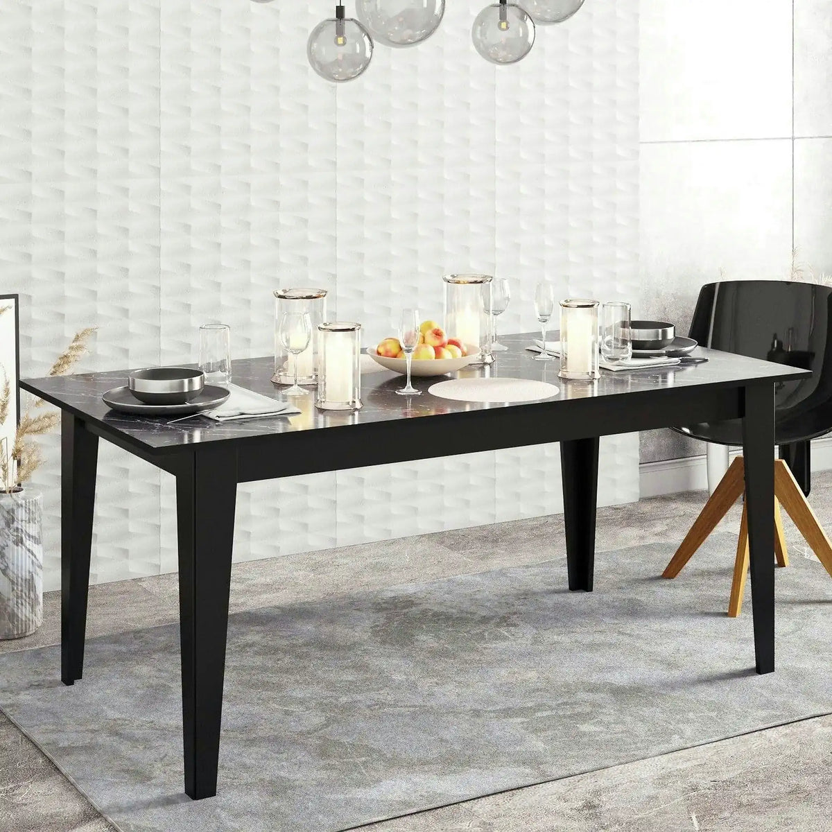 Masa POLK, negru cu efect de marmura, PAL melaminat, 180x90x77 cm