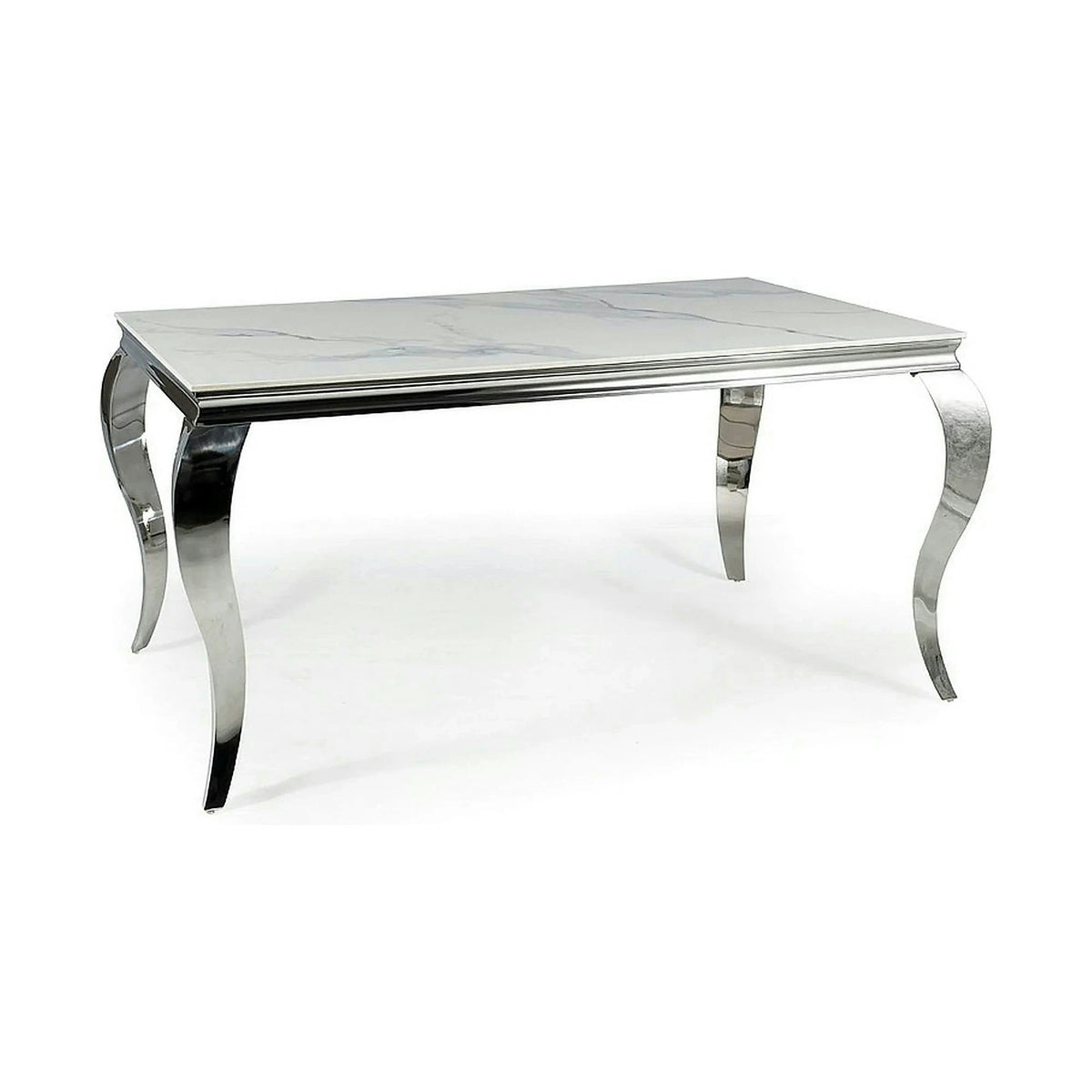 Masa PRINCE, alb cu efect de marmura/crom, ceramica/metal, 150x90x75 cm
