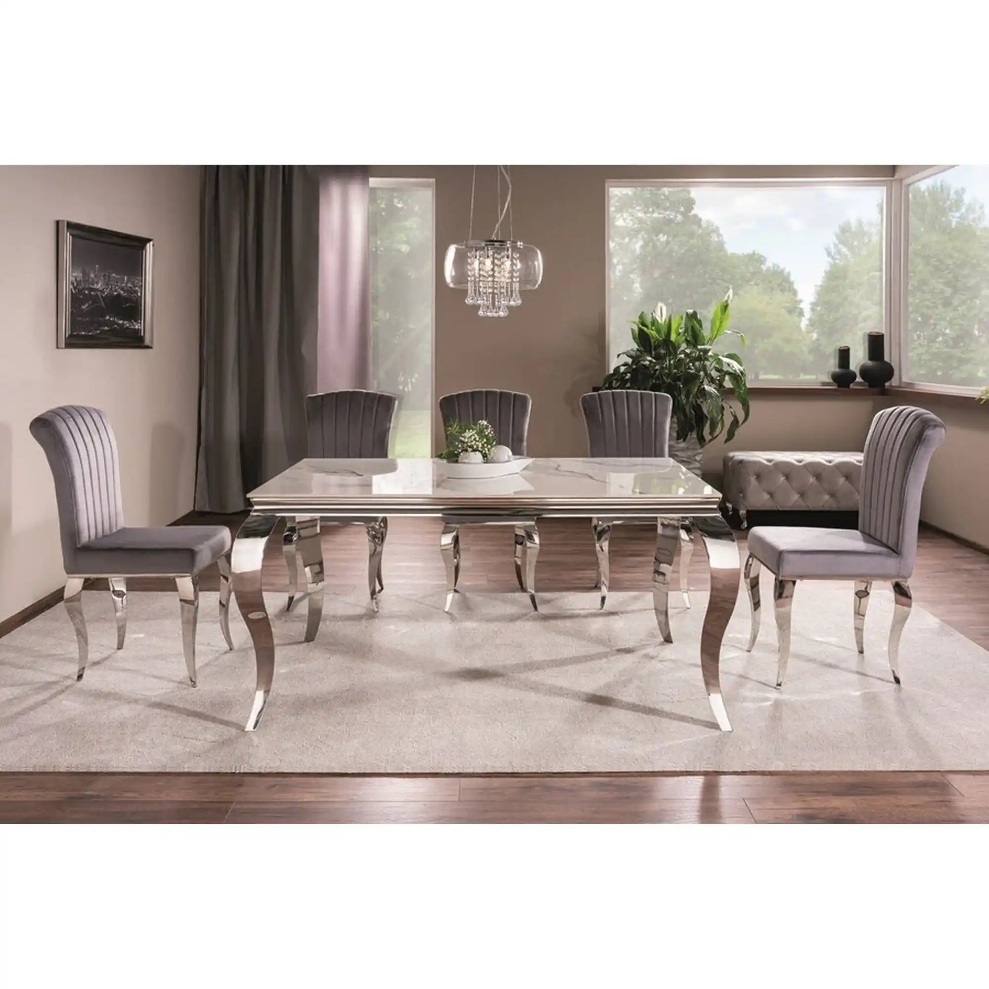 Masa PRINCE, alb cu efect de marmura/crom, ceramica/metal, 150x90x75 cm