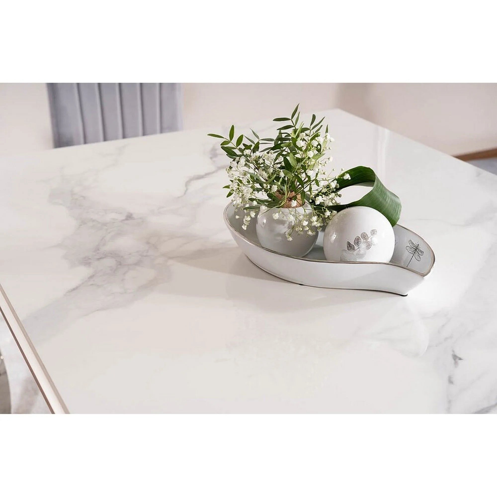 Masa PRINCE, alb cu efect de marmura/crom, ceramica/metal, 150x90x75 cm