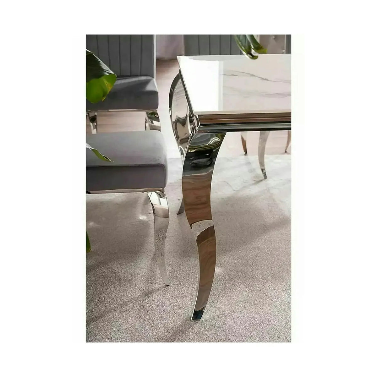 Masa PRINCE, alb cu efect de marmura/crom, ceramica/metal, 180x90x75 cm