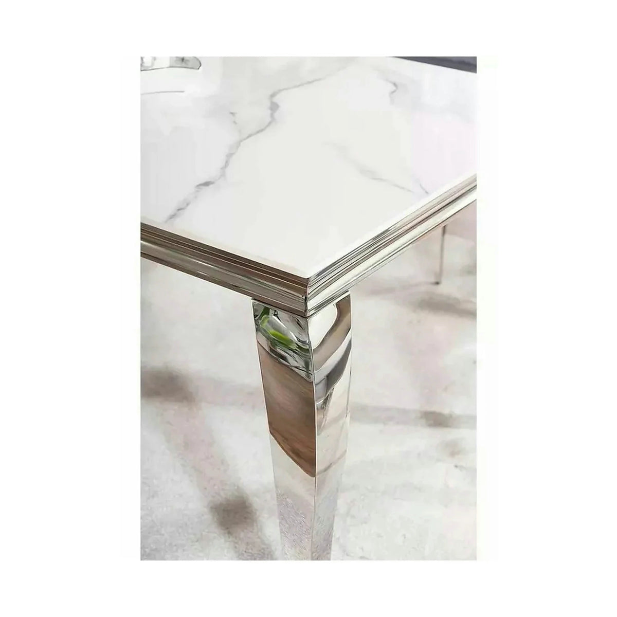 Masa PRINCE, alb cu efect de marmura/crom, ceramica/metal, 180x90x75 cm