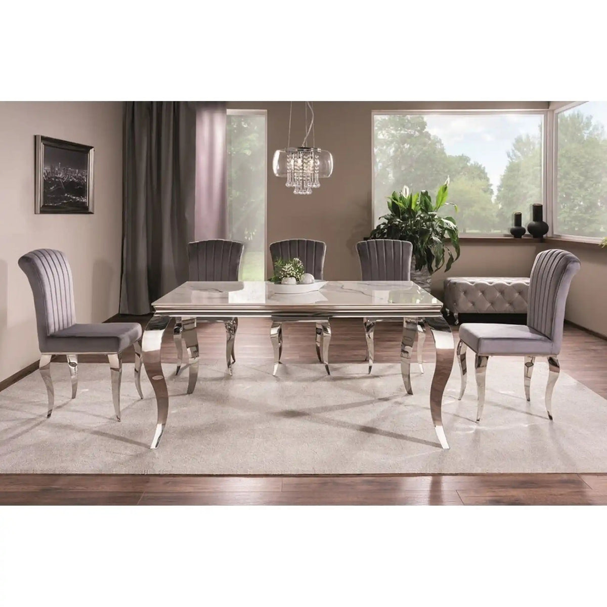 Masa PRINCE, alb cu efect de marmura/crom, ceramica/metal, 180x90x75 cm