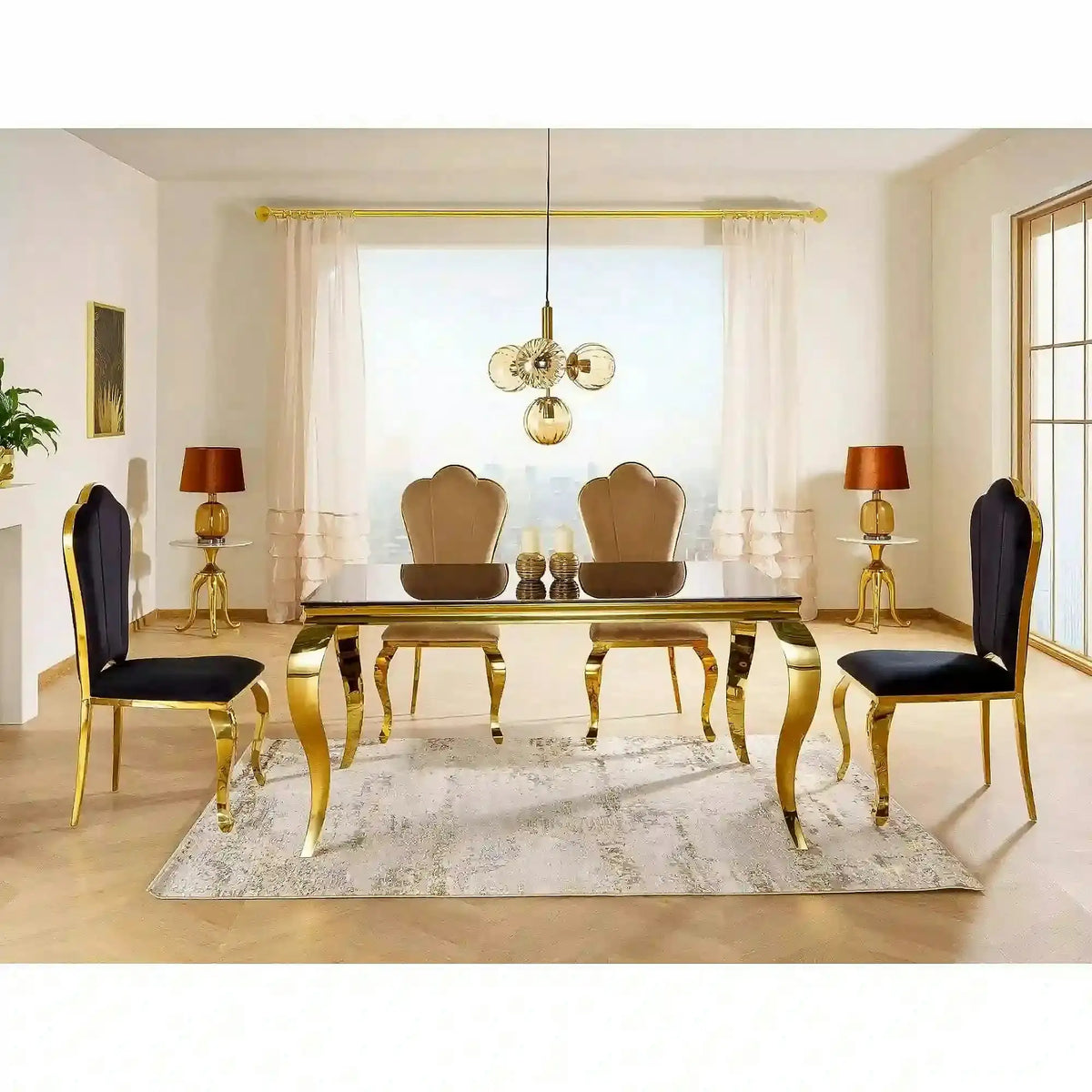 Masa PRINCE, negru/auriu, sticla/metal, 150x90x75 cm