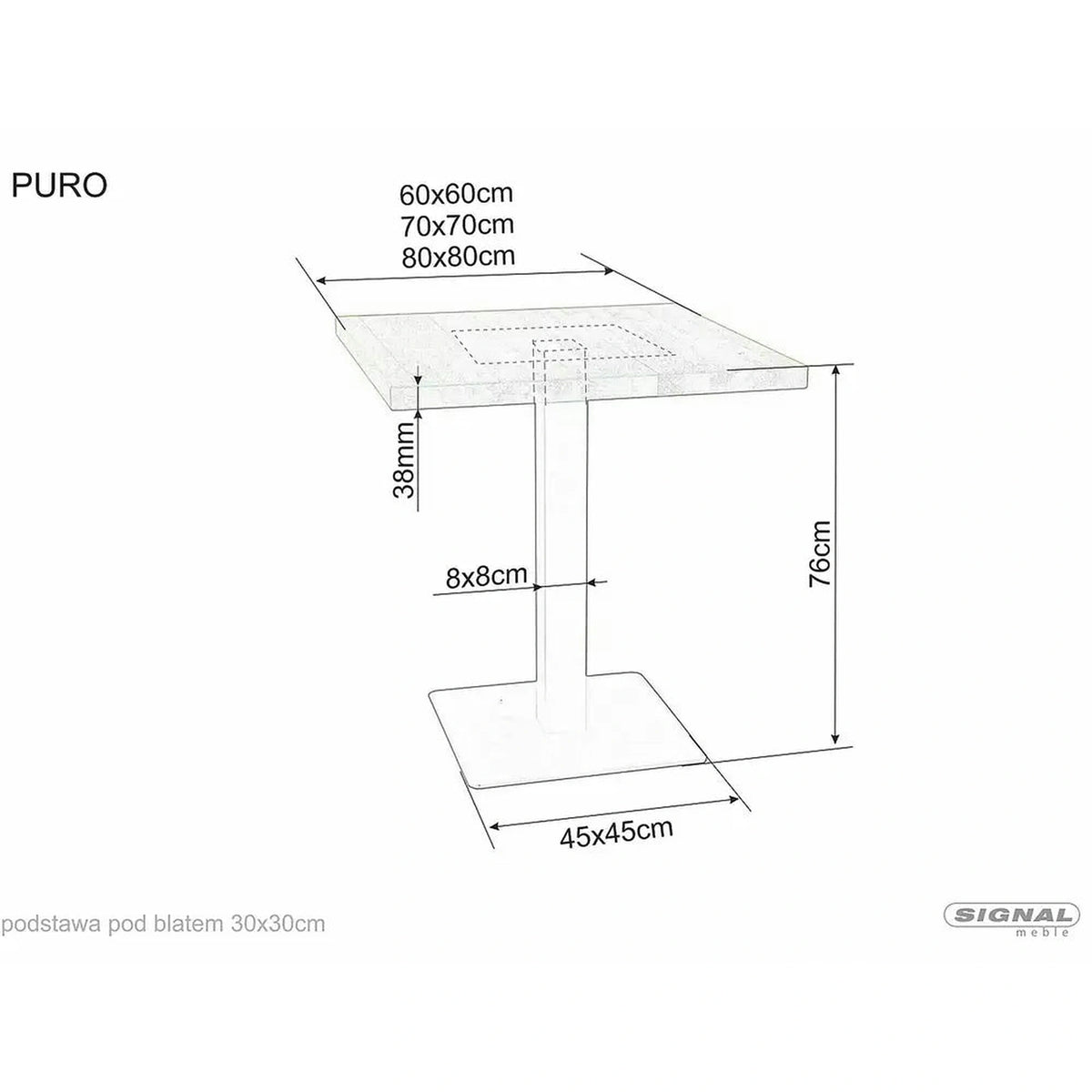 Masa PURO, stejar/negru, PAL laminat/metal, 80x80x76 cm