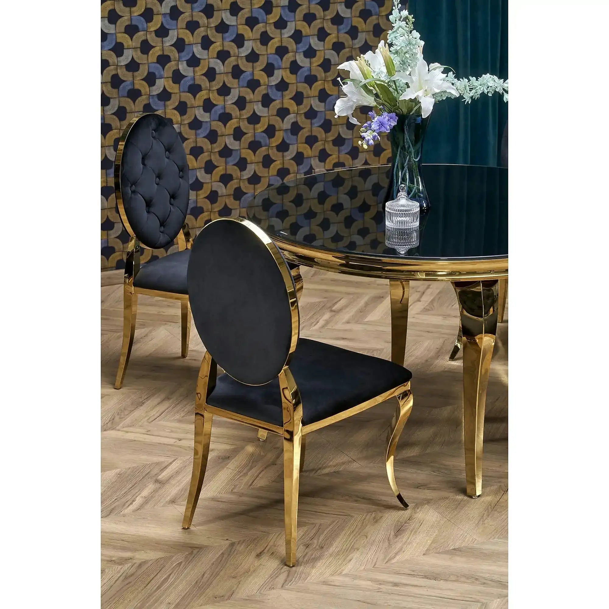 Masa REGINALD 2, negru/auriu, sticla/metal, 120x120x76 cm