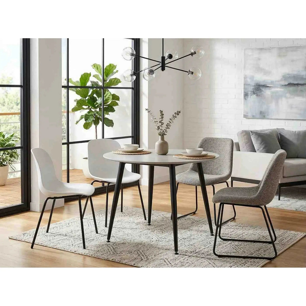 Masa RION, alb cu efect de marmura/negru, ceramica/metal, 90x90x76 cm