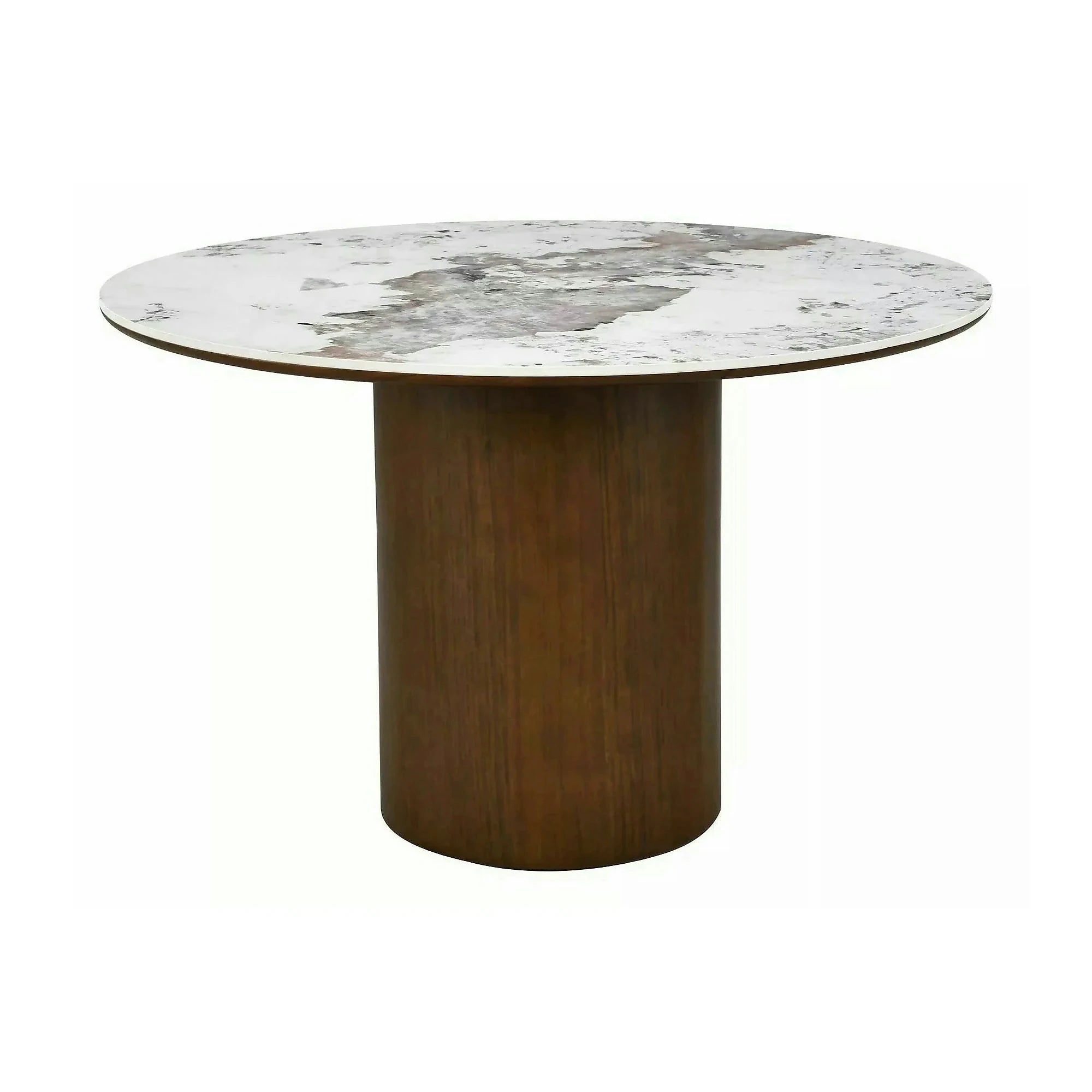 Masă RONDO, alb lucios/nuc, ceramică/furnir/MDF, Ø120x76 cm