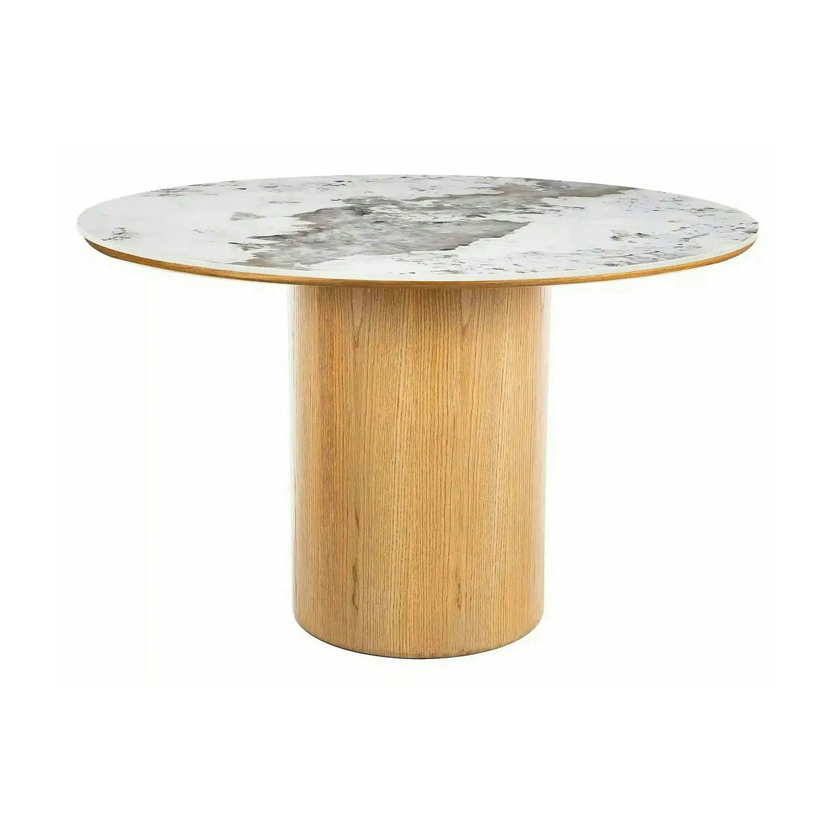 Masă RONDO, alb lucios/stejar, ceramică/furnir/MDF, Ø120x76 cm