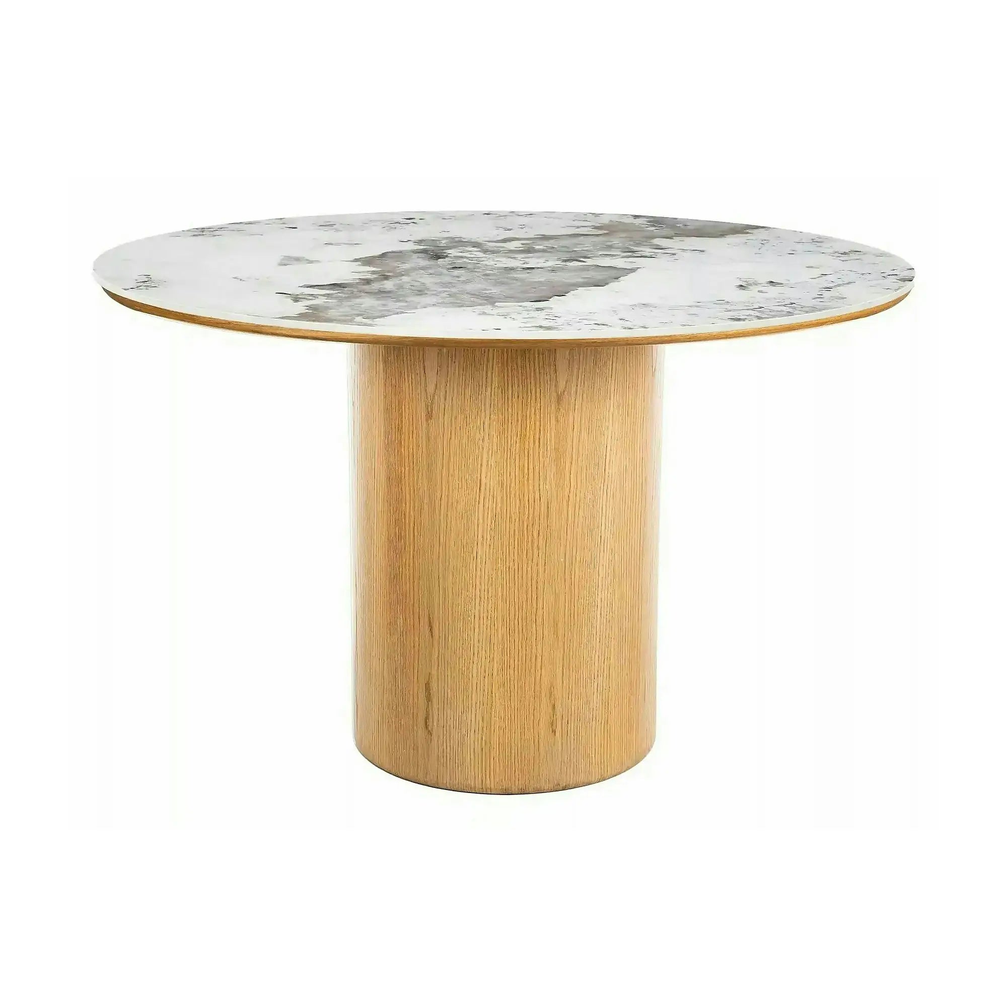 Masă RONDO, alb lucios/stejar, ceramică/furnir/MDF, Ø120x76 cm
