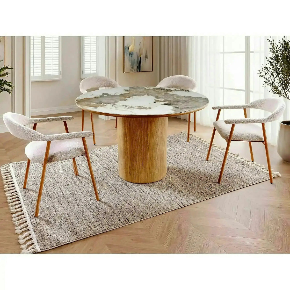 Masă RONDO, alb lucios/stejar, ceramică/furnir/MDF, Ø120x76 cm