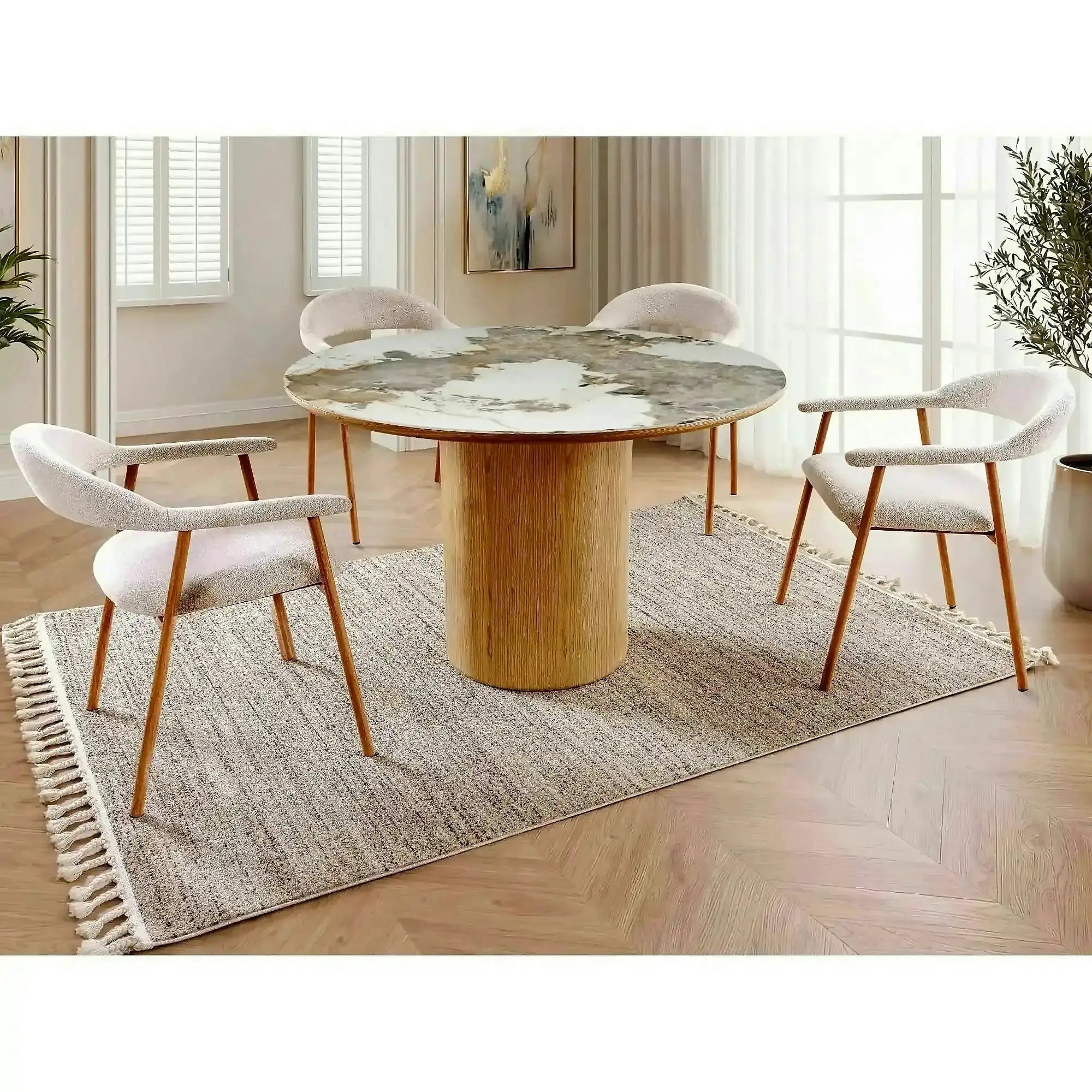 Masă RONDO, alb lucios/stejar, ceramică/furnir/MDF, Ø120x76 cm