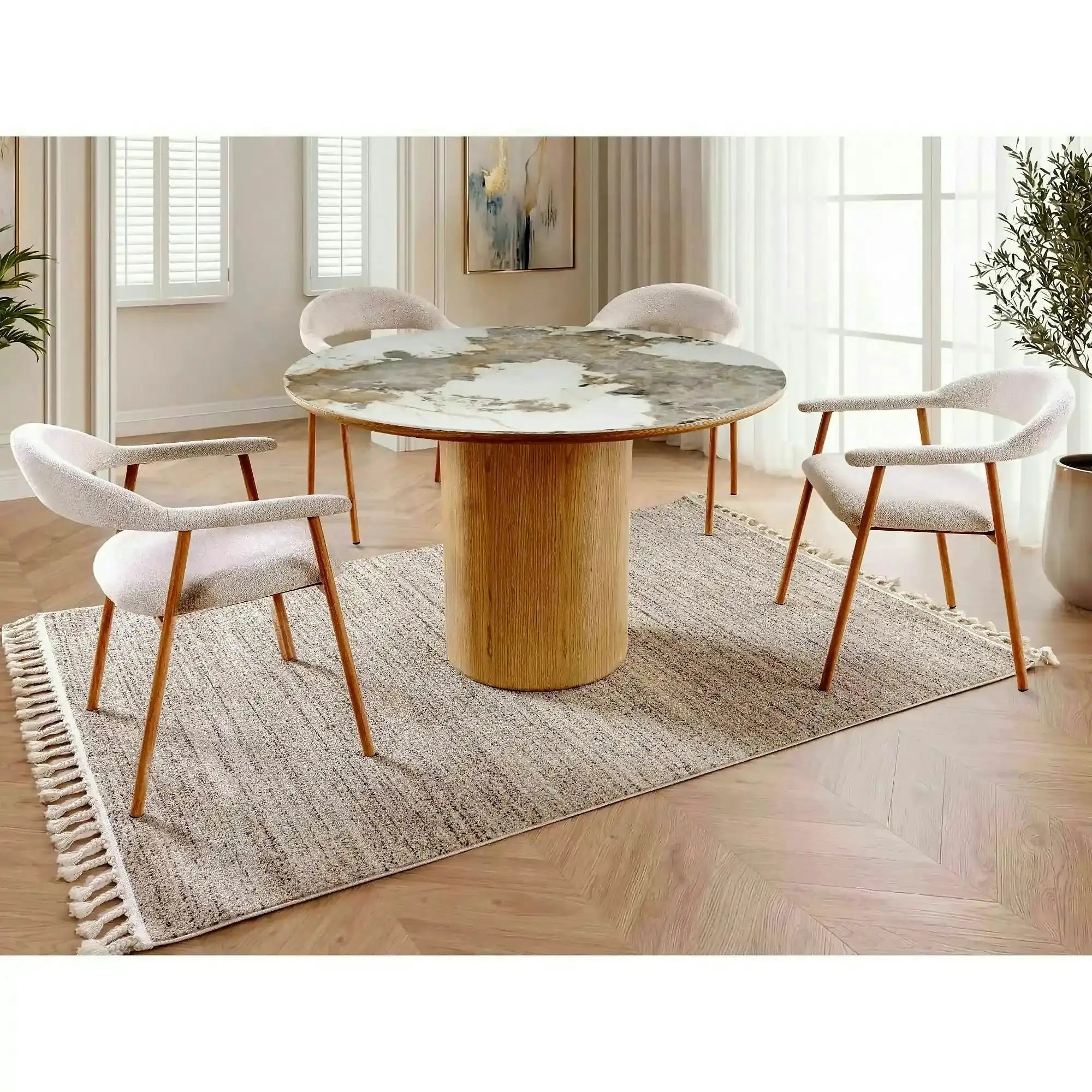 Masă RONDO, alb lucios/stejar, ceramică/furnir/MDF, Ø120x76 cm