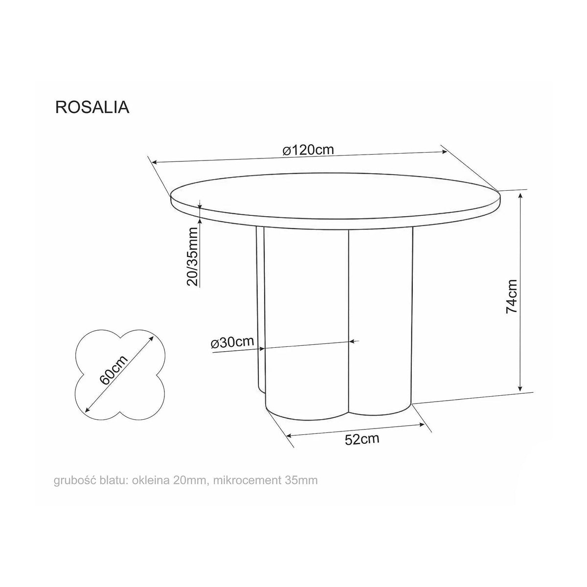 Masă ROSALIA, gri deschis, MDF/microciment, Ø120x74 cm