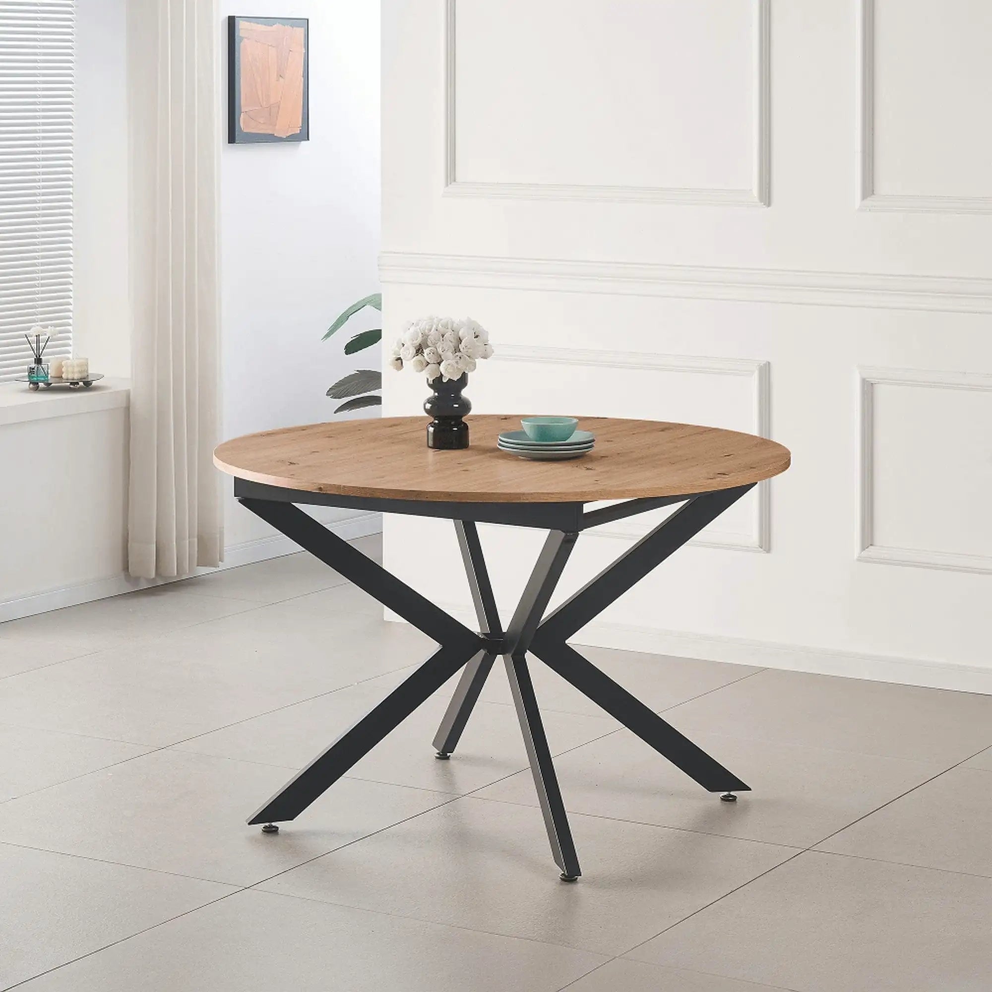 Masa rotunda bucatarie extensibila ABERO TIP 2, stejar artisan/negru, 120/160x120x75 cm