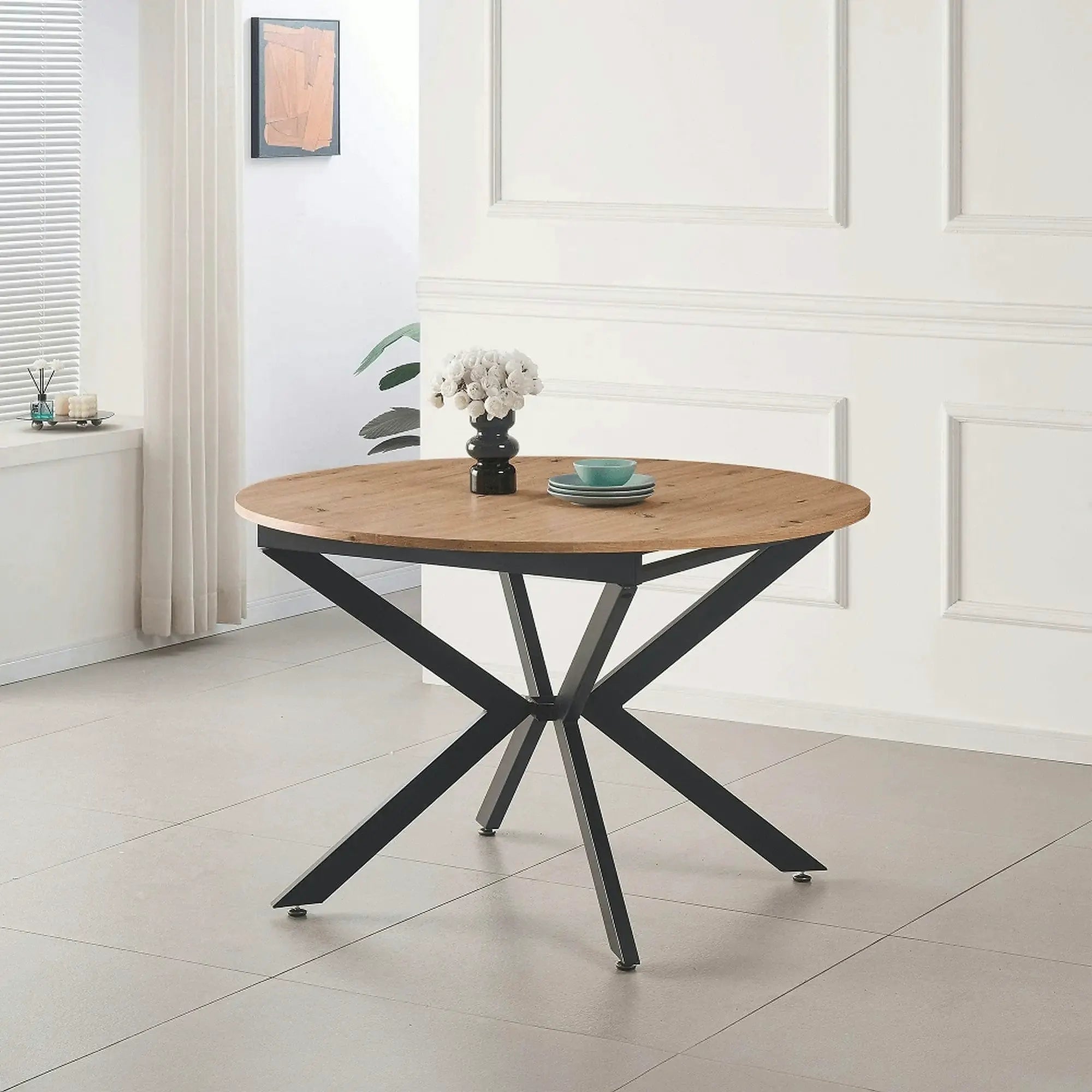 Masa rotunda bucatarie extensibila ABERO TIP 2, stejar artisan/negru, 120/160x120x75 cm