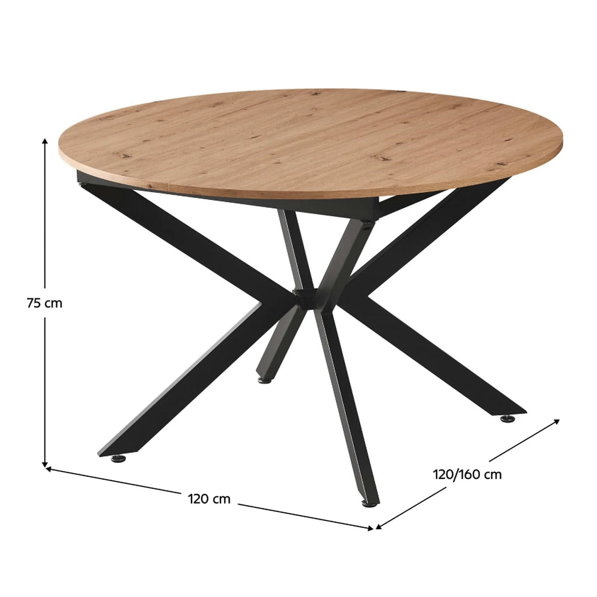 Masa rotunda bucatarie extensibila ABERO TIP 2, stejar artisan/negru, 120/160x120x75 cm