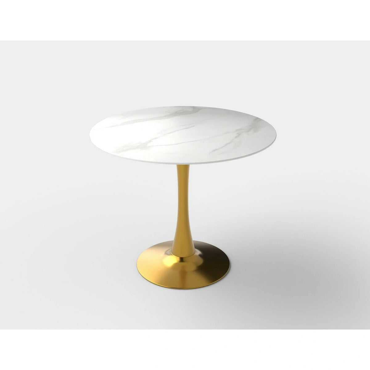 Masa rotunda cu blat de sticla CASEMIRO, alb cu efect de marmura/auriu, 90x90x75 cm