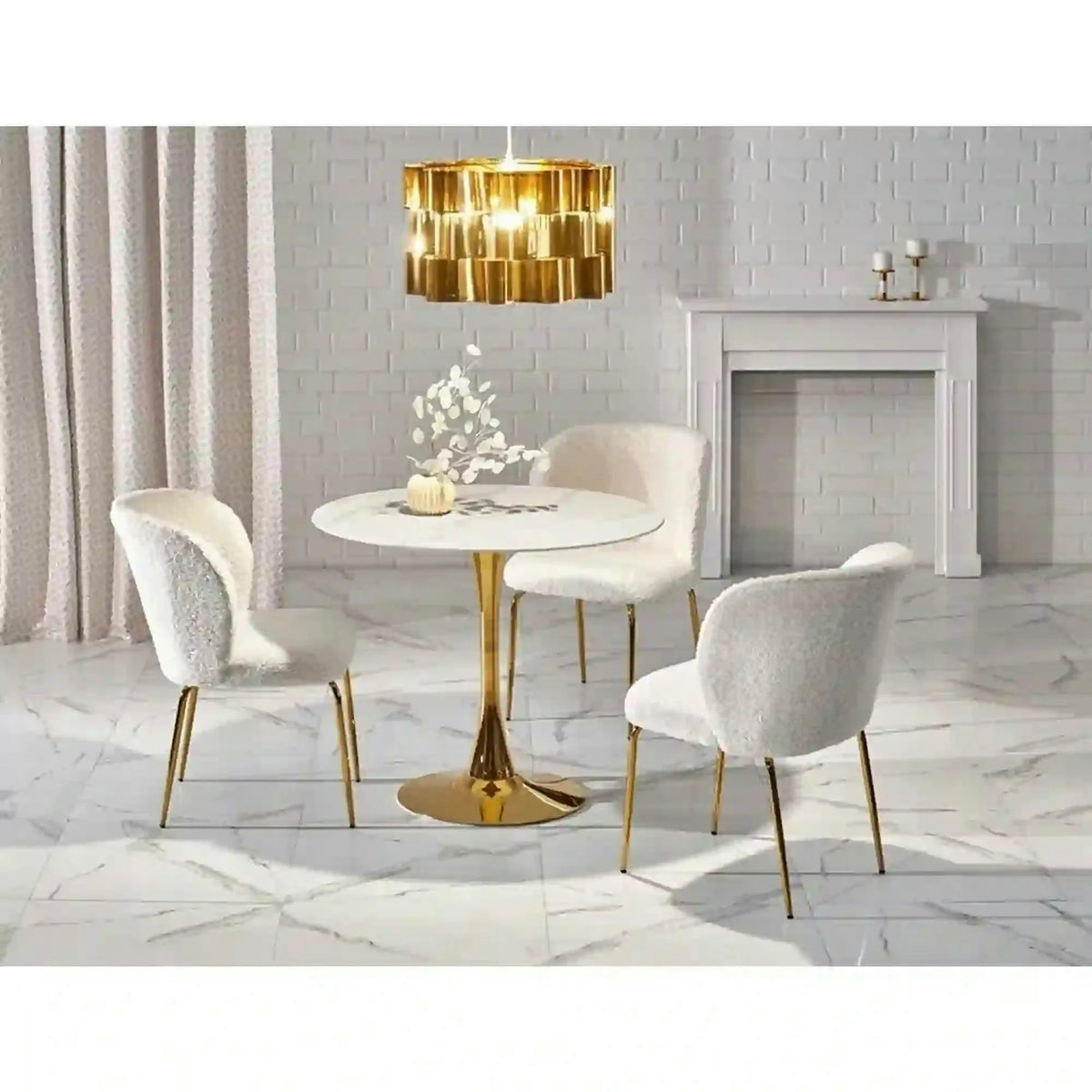 Masa rotunda cu blat de sticla CASEMIRO, alb cu efect de marmura/auriu, 90x90x75 cm