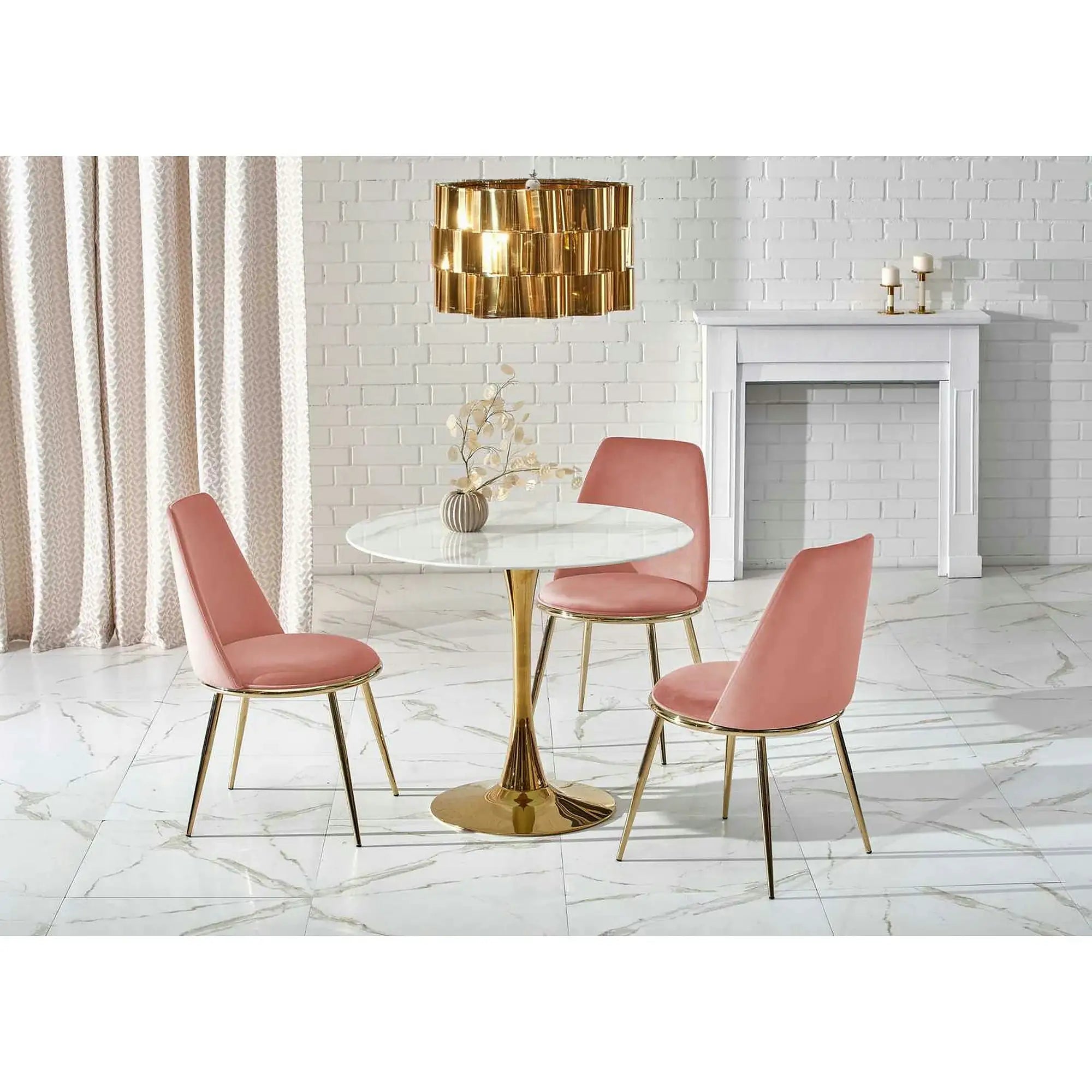 Masa rotunda cu blat de sticla CASEMIRO, alb cu efect de marmura/auriu, 90x90x75 cm