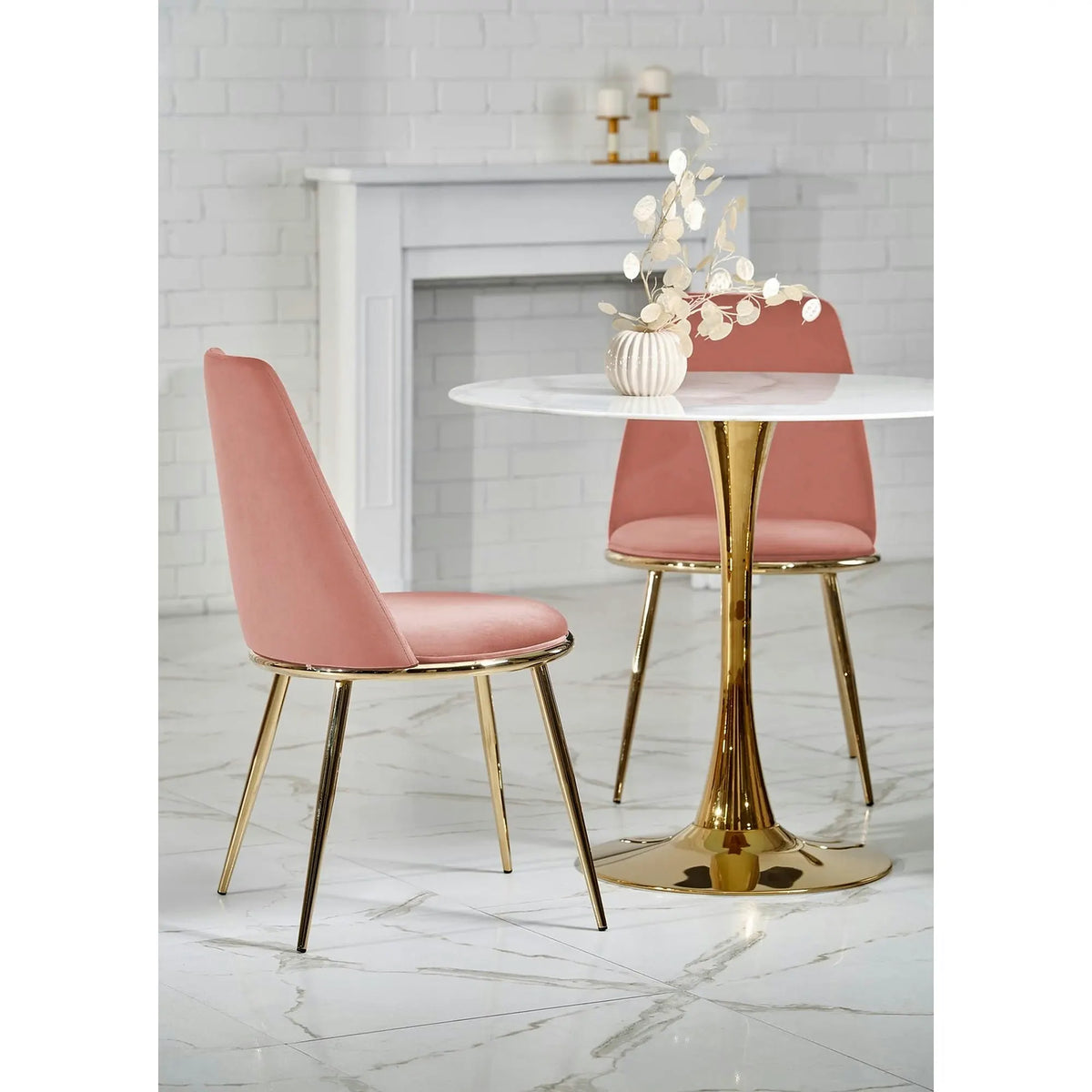 Masa rotunda cu blat de sticla CASEMIRO, alb cu efect de marmura/auriu, 90x90x75 cm