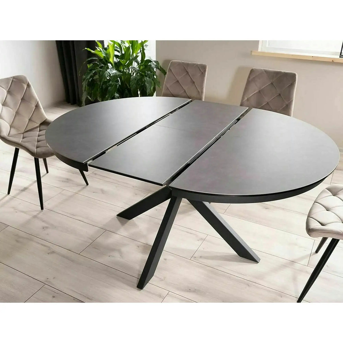Masa rotunda extensibila 120 cm PORTO, gri inchis/negru mat, sticla securizata/metal