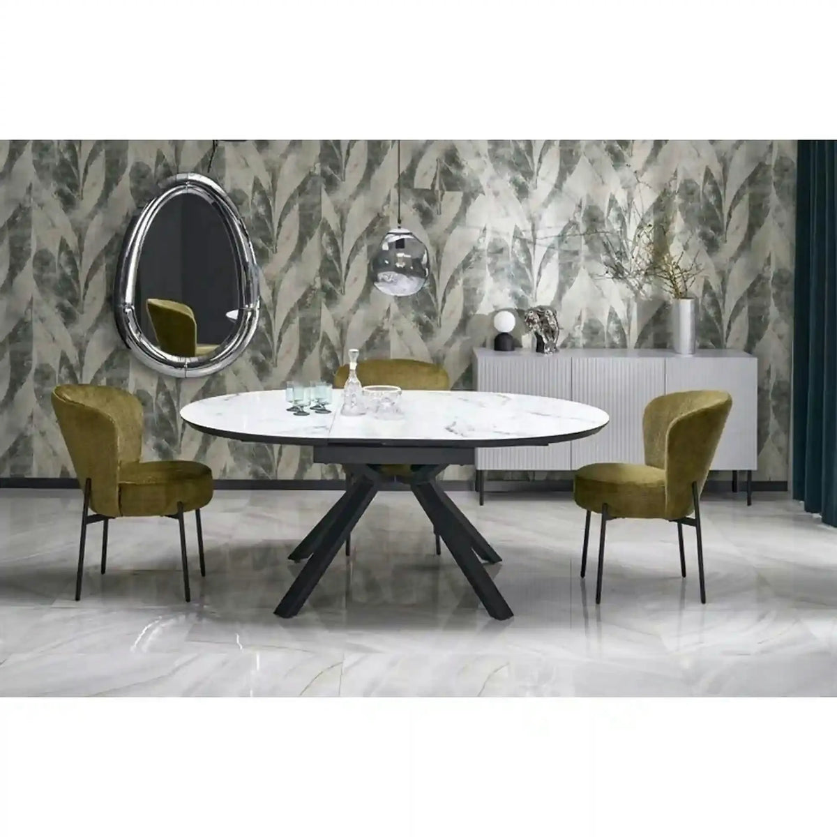 Masa rotunda extensibila 6 persoane VERTIGO, alb cu efect de marmura/negru, 130/180x130x76 cm