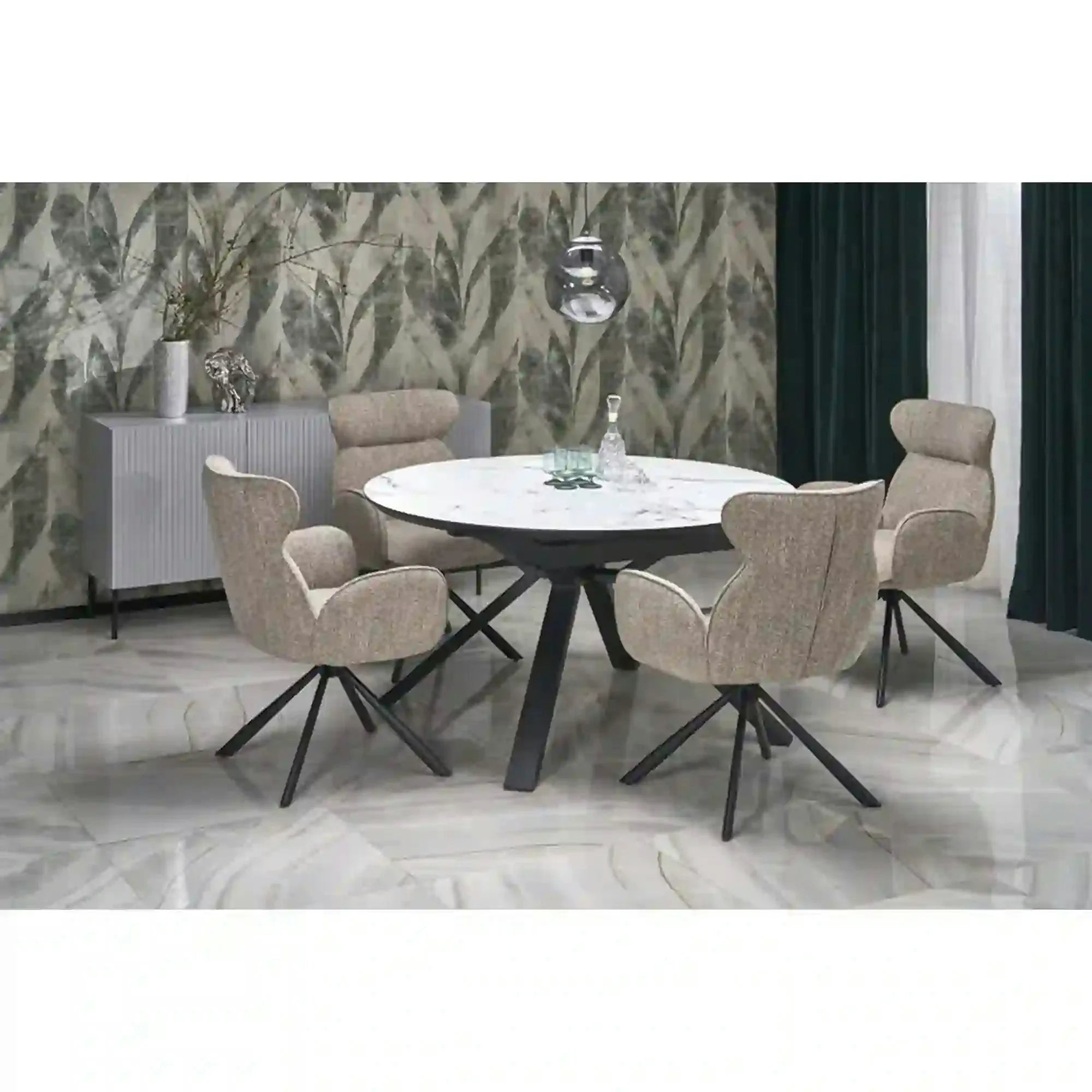 Masa rotunda extensibila 6 persoane VERTIGO, alb cu efect de marmura/negru, 130/180x130x76 cm
