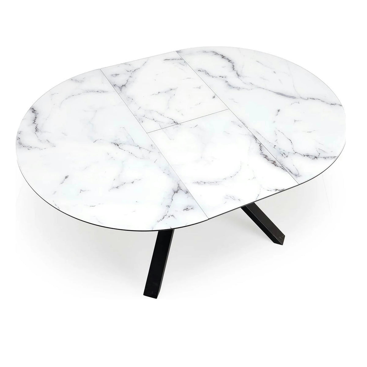 Masa rotunda extensibila 6 persoane VERTIGO, alb cu efect de marmura/negru, 130/180x130x76 cm