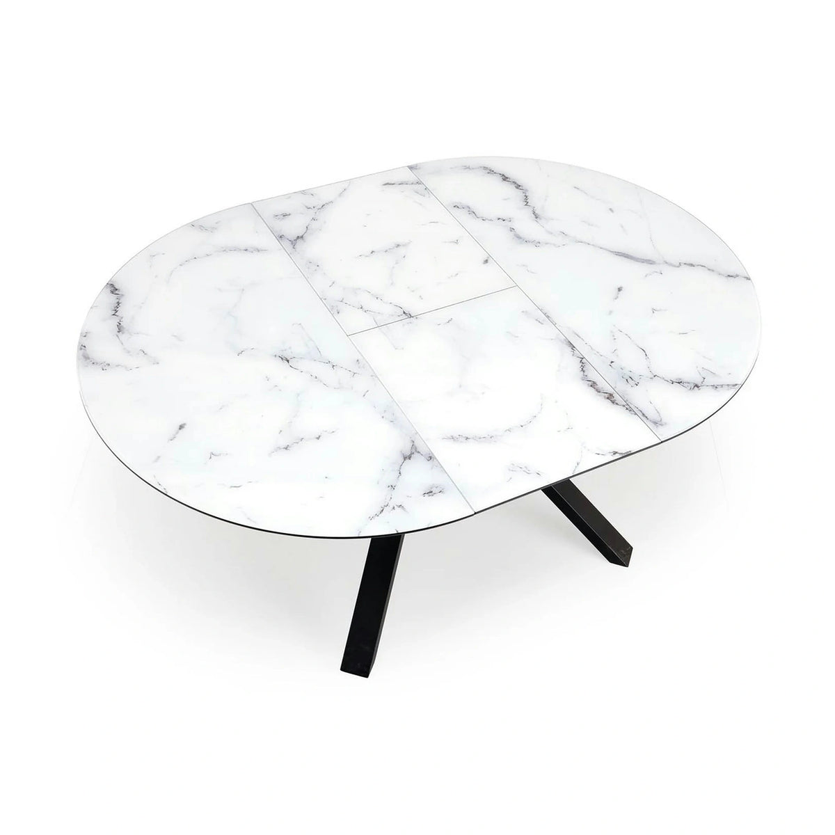 Masa rotunda extensibila 6 persoane VERTIGO, alb cu efect de marmura/negru, 130/180x130x76 cm