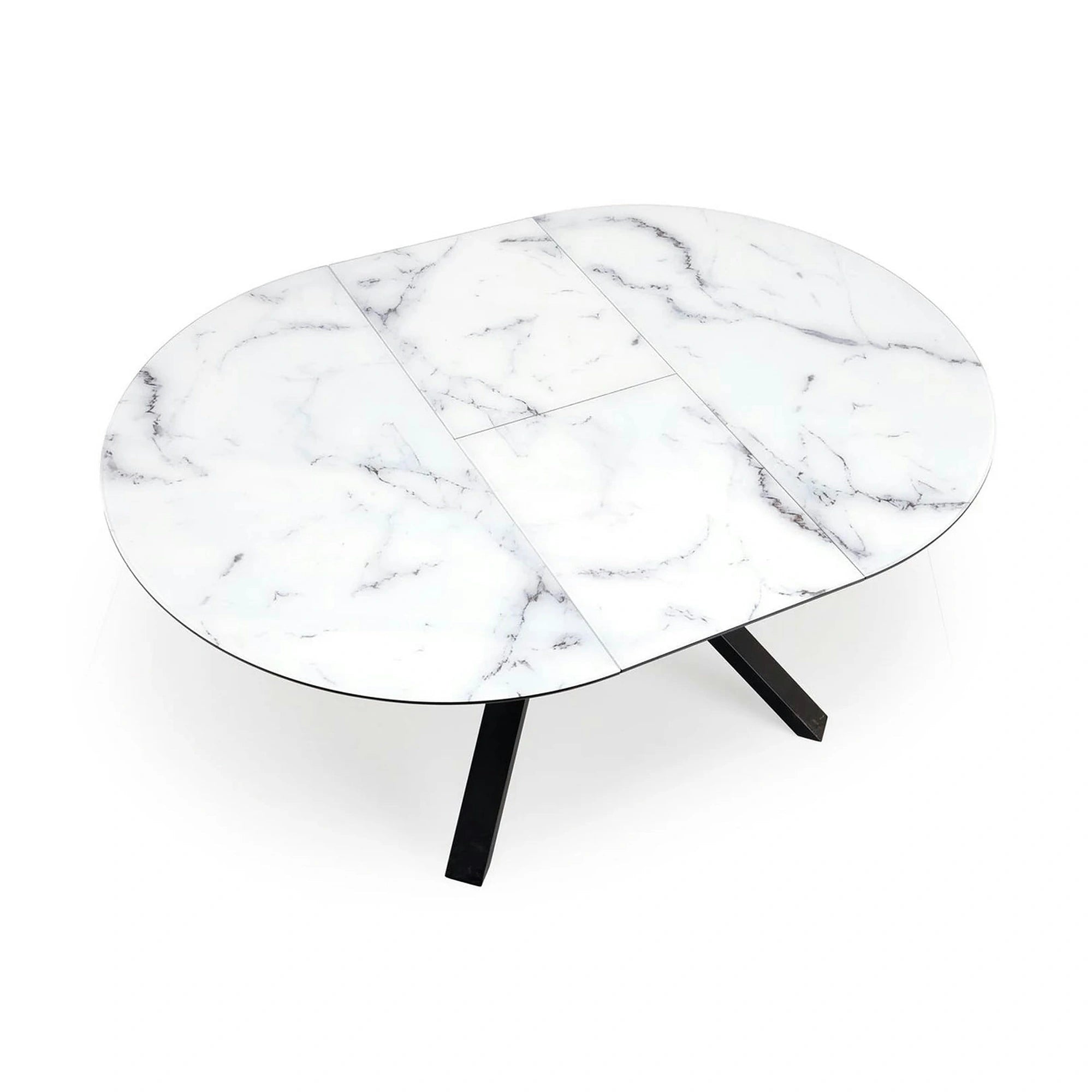 Masa rotunda extensibila 6 persoane VERTIGO, alb cu efect de marmura/negru, 130/180x130x76 cm