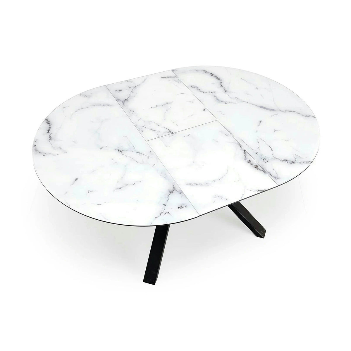 Masa rotunda extensibila 6 persoane VERTIGO, alb cu efect de marmura/negru, 130/180x130x76 cm