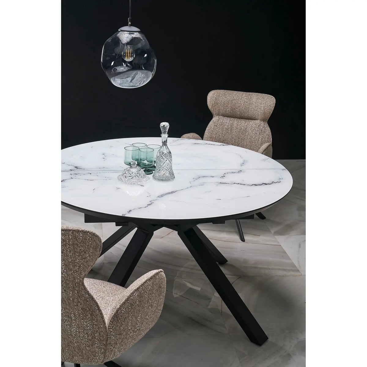 Masa rotunda extensibila 6 persoane VERTIGO, alb cu efect de marmura/negru, 130/180x130x76 cm
