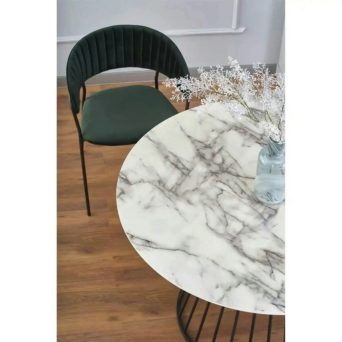 Masa rotunda sufragerie BRODWAY, alb cu efect de marmura, 110x110x75 cm