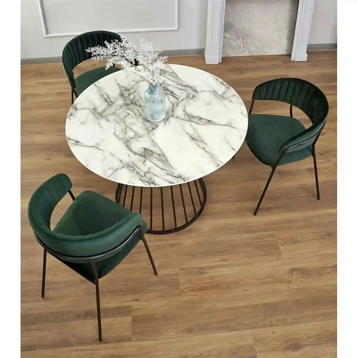 Masa rotunda sufragerie BRODWAY, alb cu efect de marmura, 110x110x75 cm