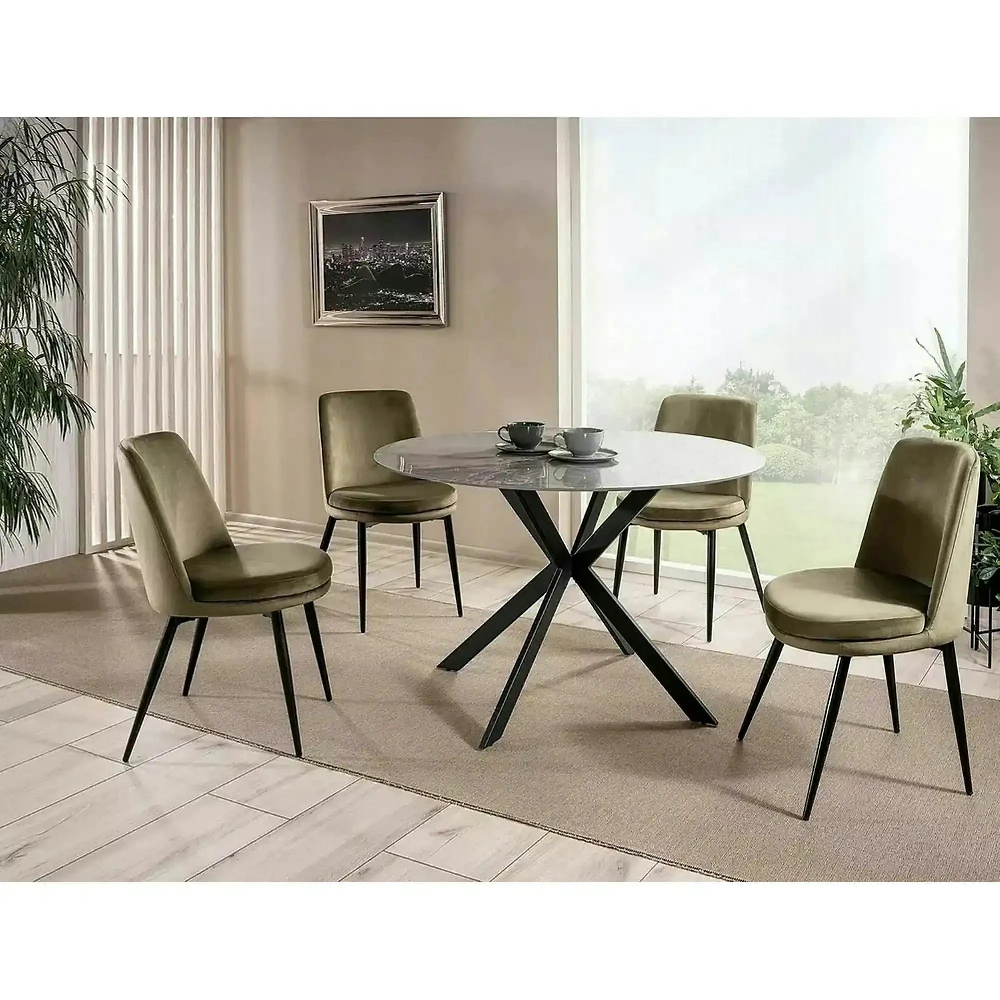 Masa rotunda TALIA, gri cu efect de marmura/negru mat, ceramica/metal, 90x90x75 cm