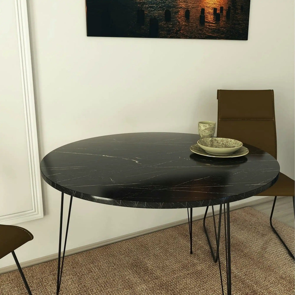 Masa SANDALF, negru cu efect de marmura, PAL melaminat, 90x90x75 cm