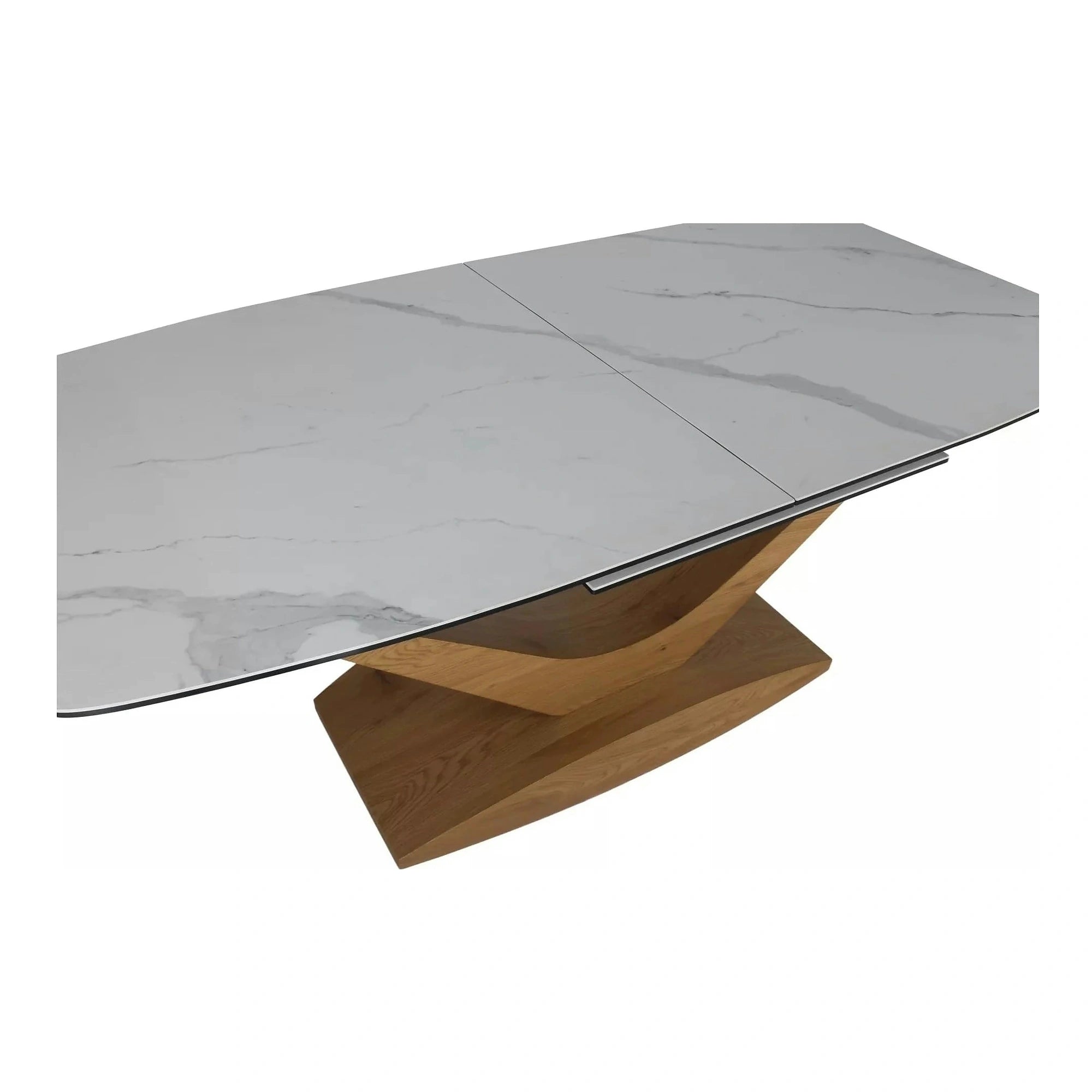 Masa sticla securizata DOLCE, alb cu efect de marmura/stejar, 180/240x95x76 cm