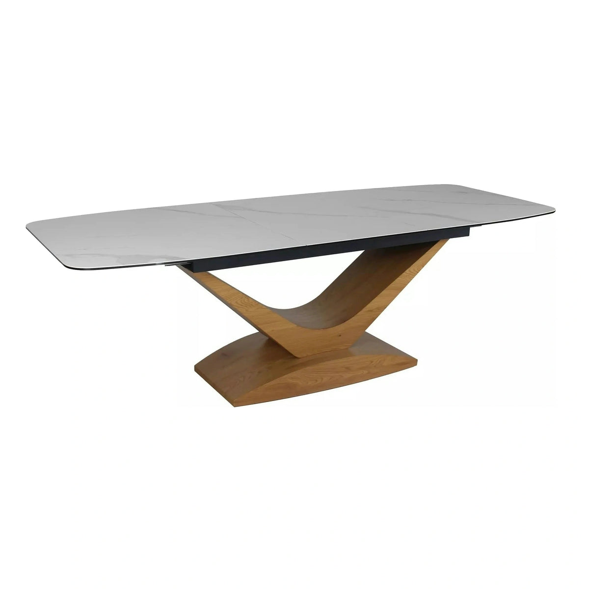 Masa sticla securizata DOLCE, alb cu efect de marmura/stejar, 180/240x95x76 cm