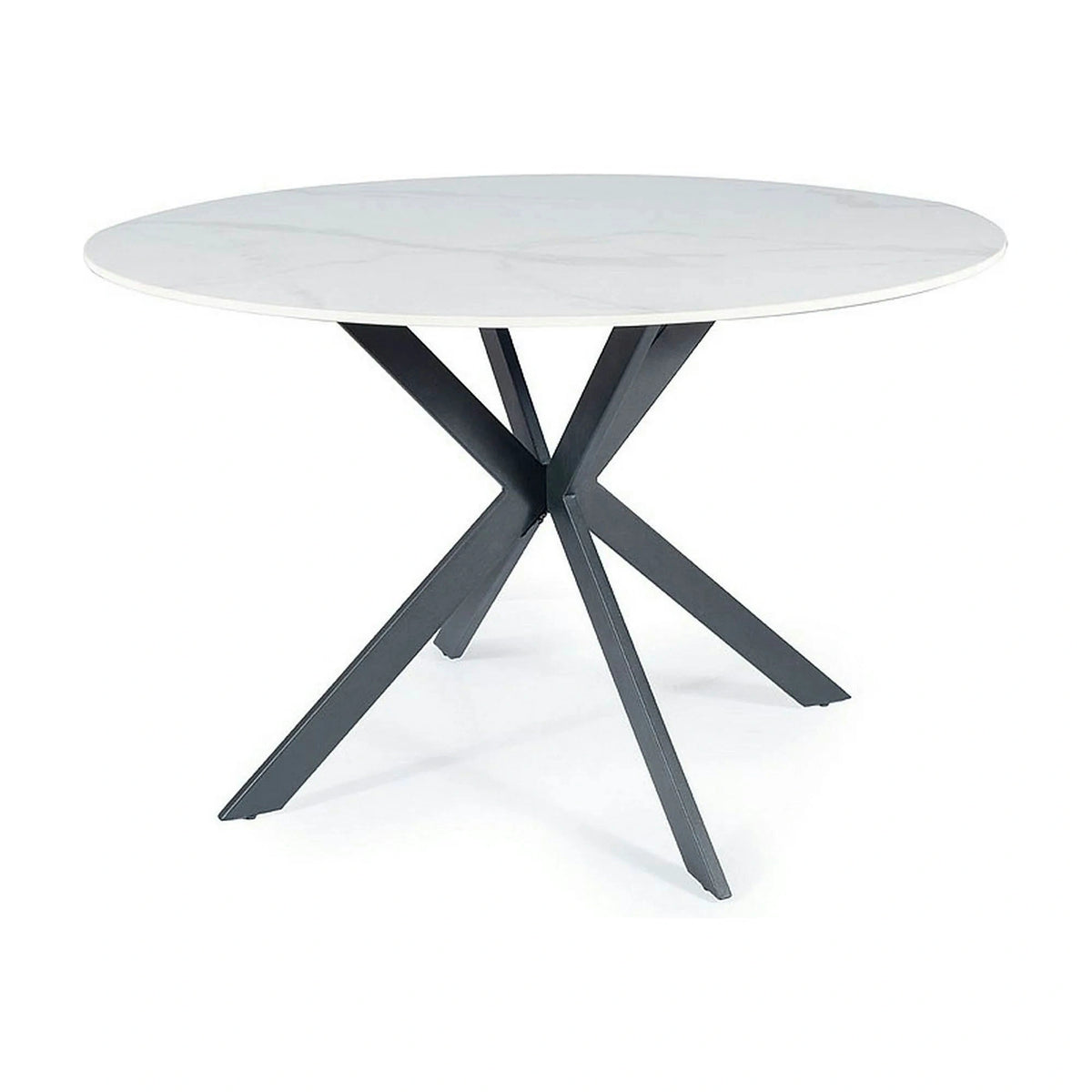 Masa TALIA, alb cu efect de marmura/negru mat, ceramica/metal, 120x120x76 cm