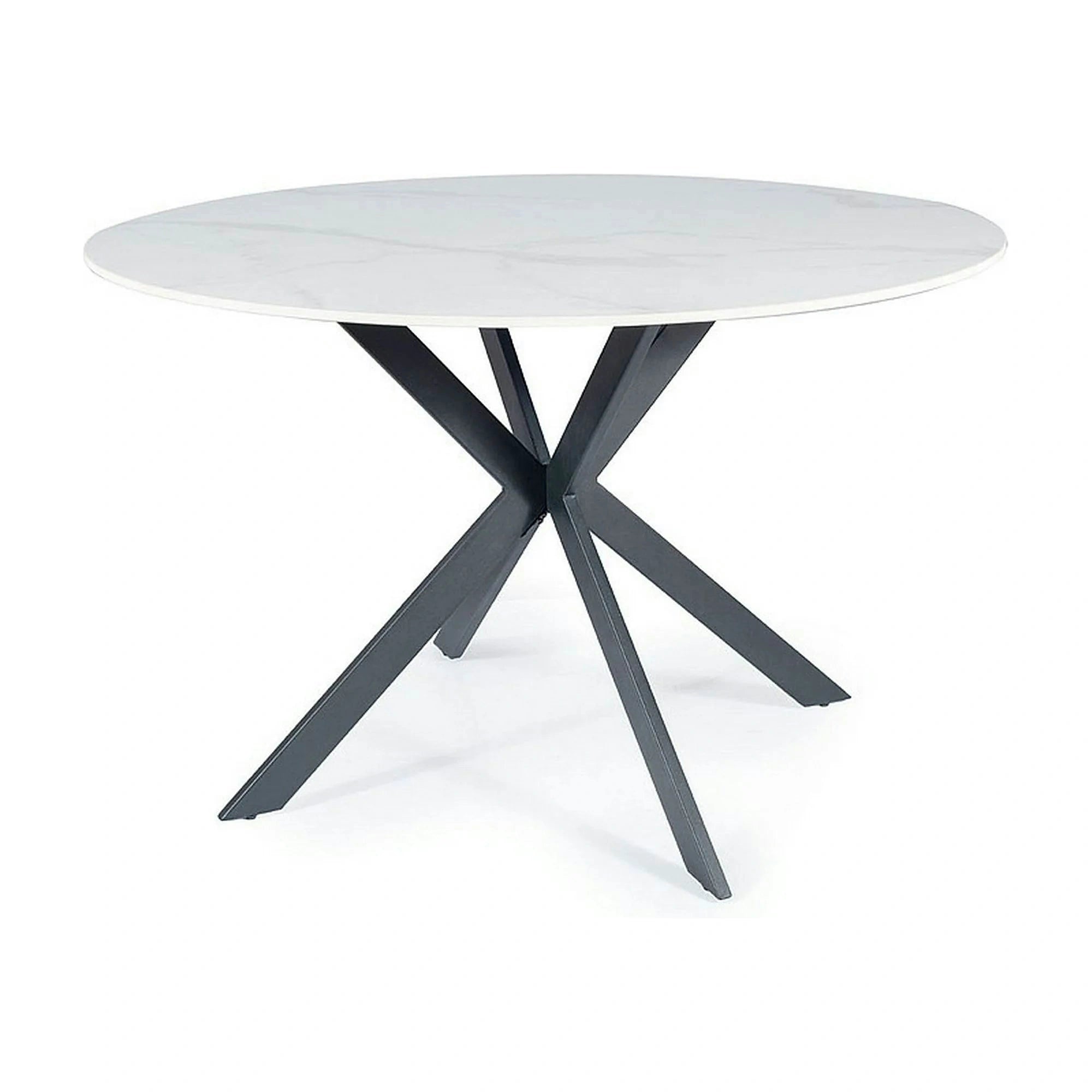 Masa TALIA, alb cu efect de marmura/negru mat, ceramica/metal, 120x120x76 cm