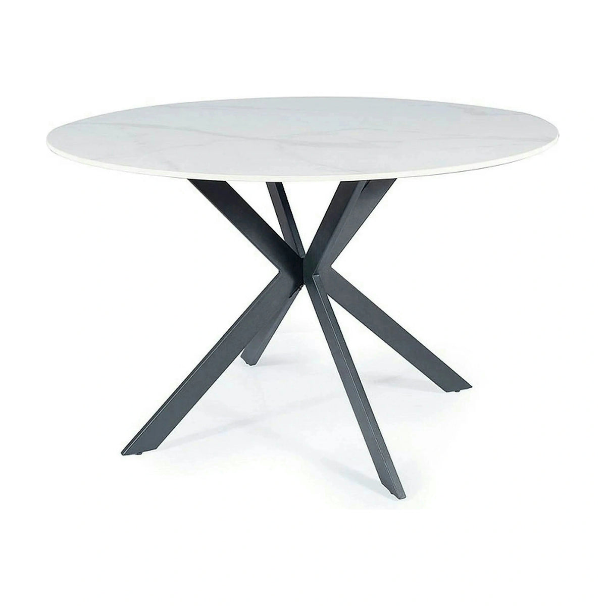 Masa TALIA, alb cu efect de marmura/negru mat, ceramica/metal, 120x120x76 cm