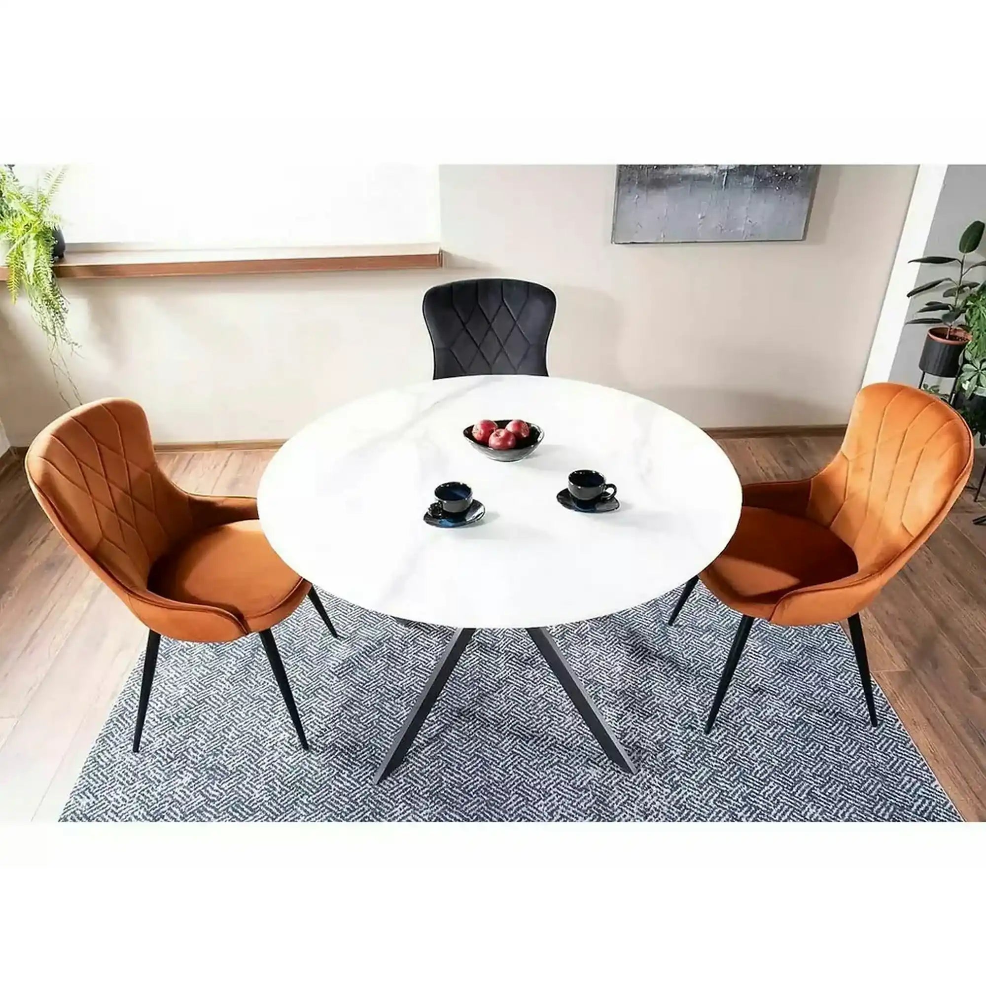Masa TALIA, alb cu efect de marmura/negru mat, ceramica/metal, 90x90x75 cm
