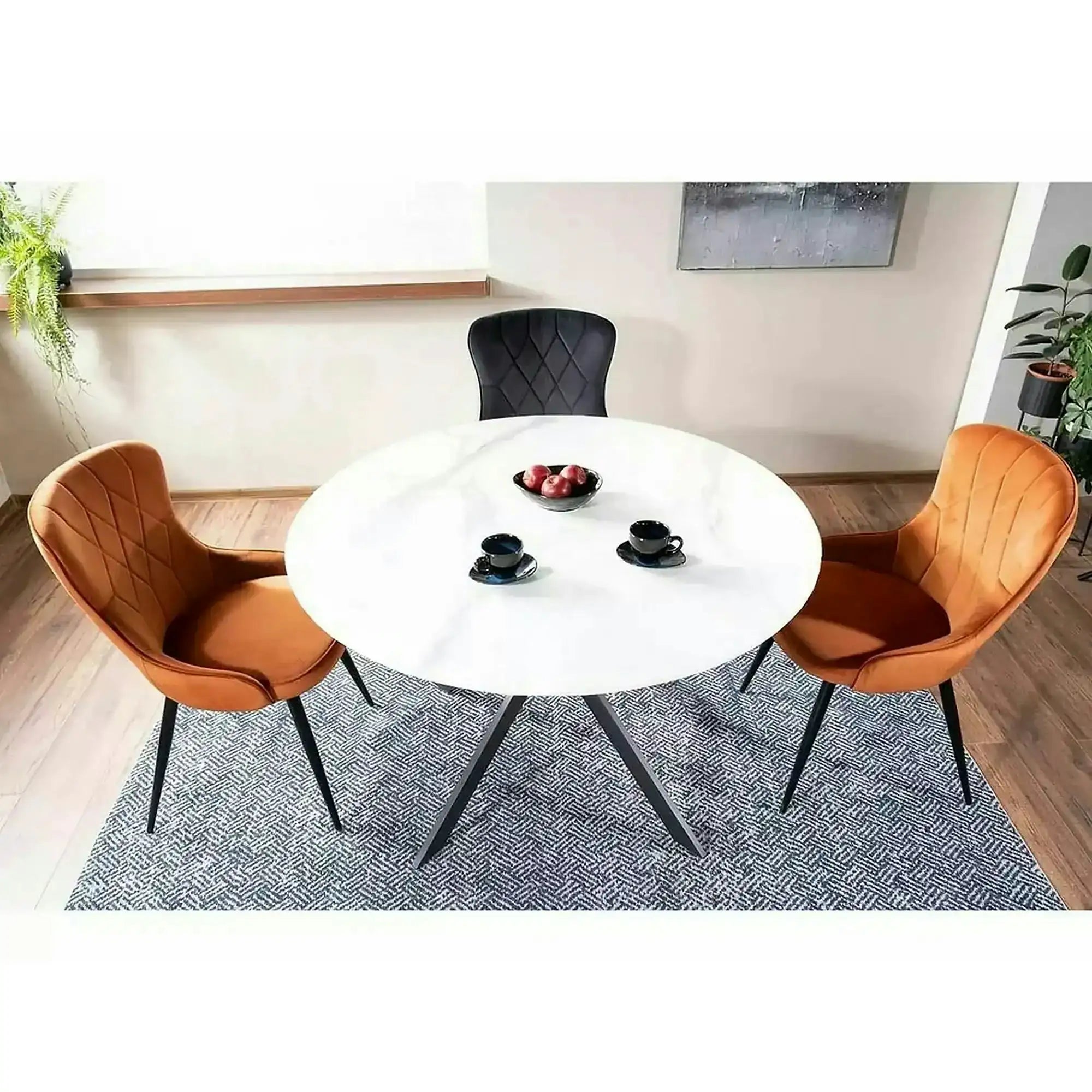 Masa TALIA, alb cu efect de marmura/negru mat, ceramica/metal, 90x90x75 cm
